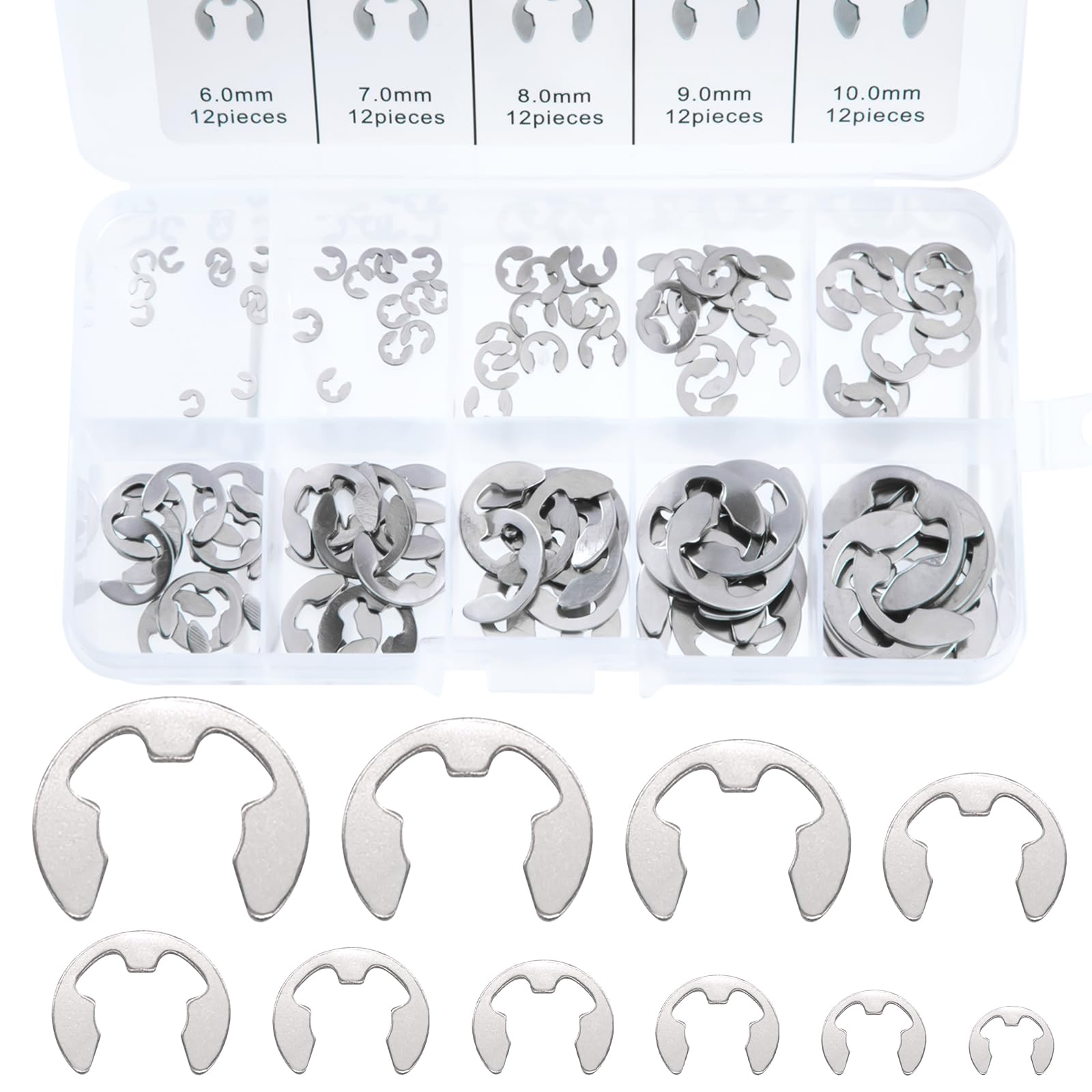 E-clip Esterna Anello Sicurezza In Acciaio Inox, 120 pezzi 10 Dimensioni Snap Anello di Sicurezza Interno Snap Anello Assortimento Kit 1,5 mm - 10 mm per Officina Tuttofare
