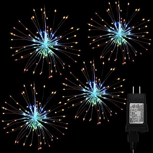 Paquete de 4 480 luces LED de alambre de cobre con fuegos artificiales, luces parpadeantes enchufables, 8 modos, luces impermeables con forma de