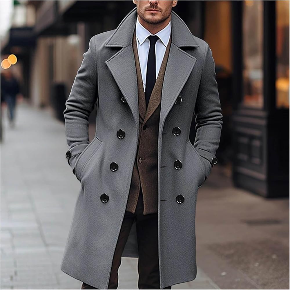 Cappotto Uomo Invernale Lungo Elegante - Trench Doppiopetto, Lana, Business Slim Fit - Foto 5