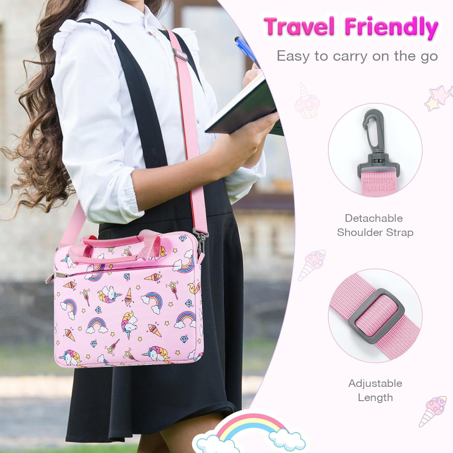 MoKo 7-8 Inch Kids Tablet Sleeve - Carrying Case for Fire 7/8 Kids Edition, Tablet Bag with Shoulder Strap, Pink Unicorn - Image 2