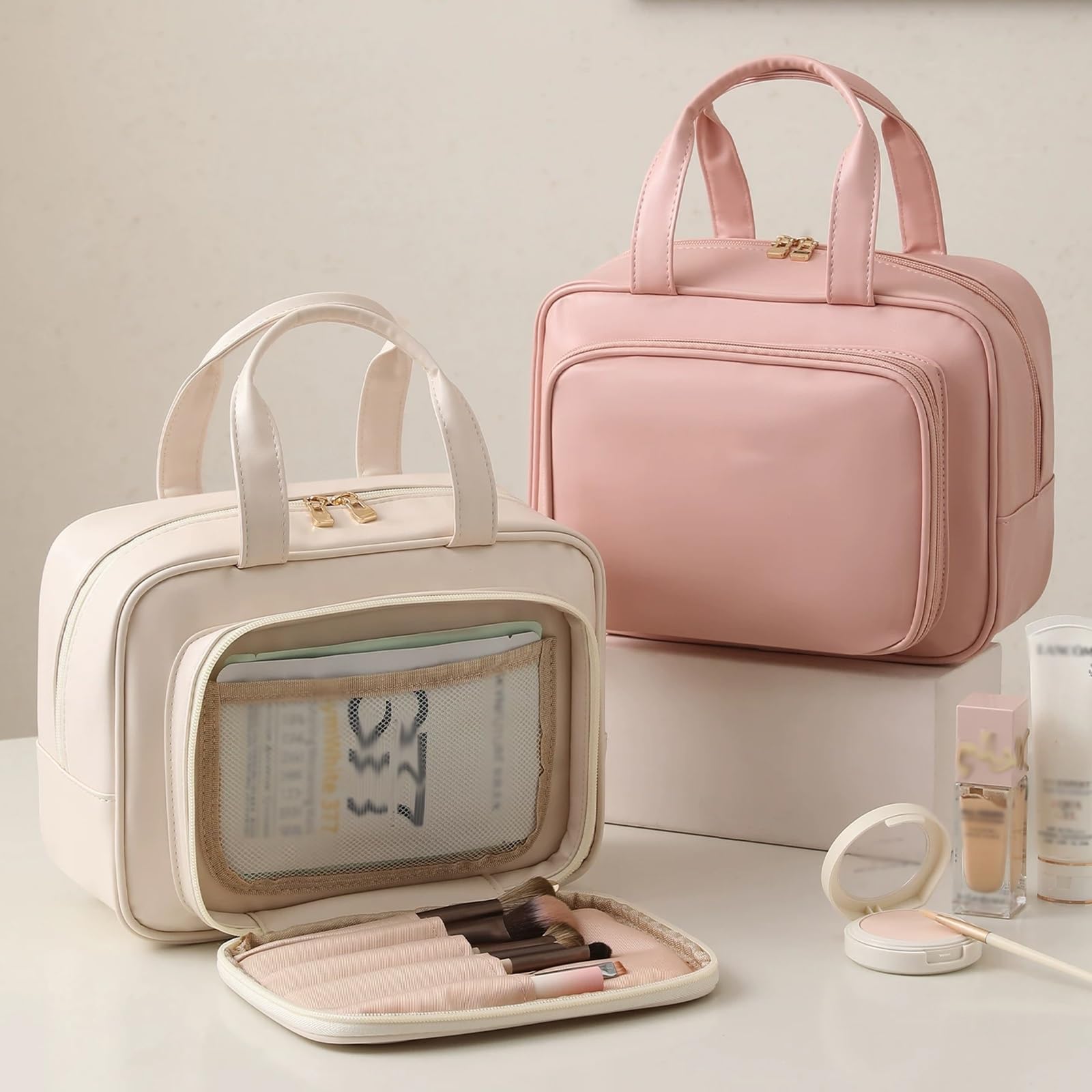 Borsa Cosmetica, Borsa da Toilette da Viaggio Morbido e Resistente All'acqua per Donna, con Scomparti Multipli e Ampia Capacità, Ideale per Cosmetici Articoli di uso Quotidiano(Brown)