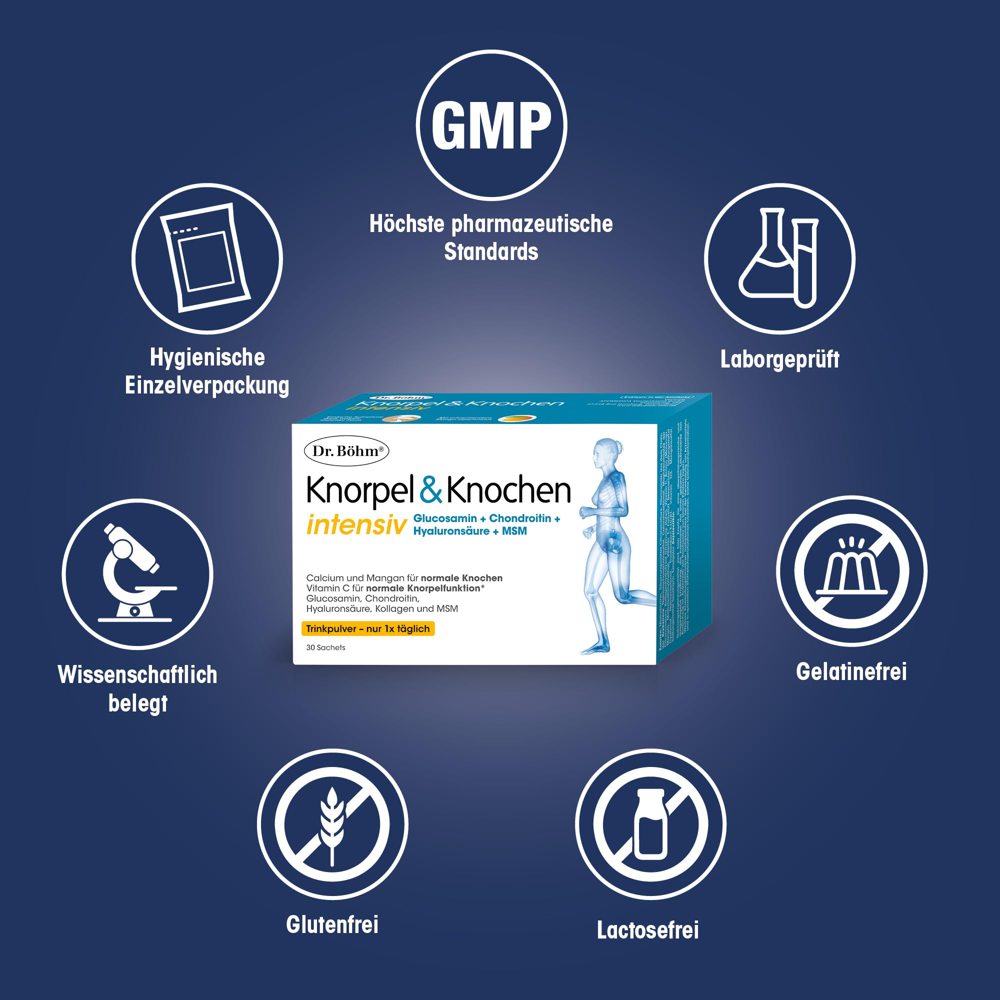 Dr. Böhm Knorpel & Knochen intensiv: Für Gelenke, Knochen, Knorpel & Bandscheiben, Trinkpulver mit Gelenknährstoffen, Calcium & Vitamin D, mit Mango-Geschmack, 30 Stk