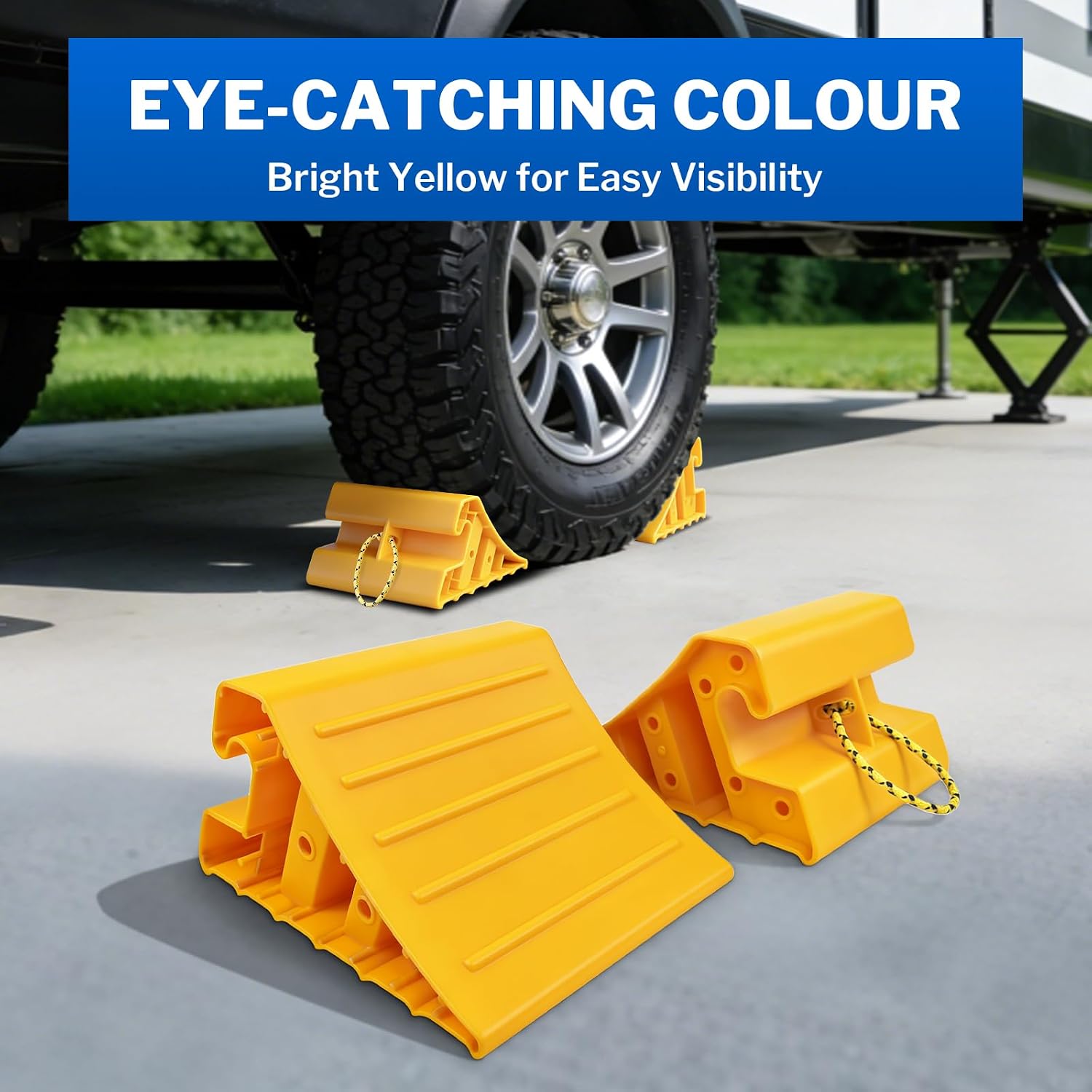 ROBLOCK 2 Pack Wheel Chocks for RV Trailer, Wider Lightweight Wheel Stops with Rope, Yellow Non-Slip Wheel Chocks for Travel Trailers, RV Accessories | Wider, Non-Slip, Lightweight