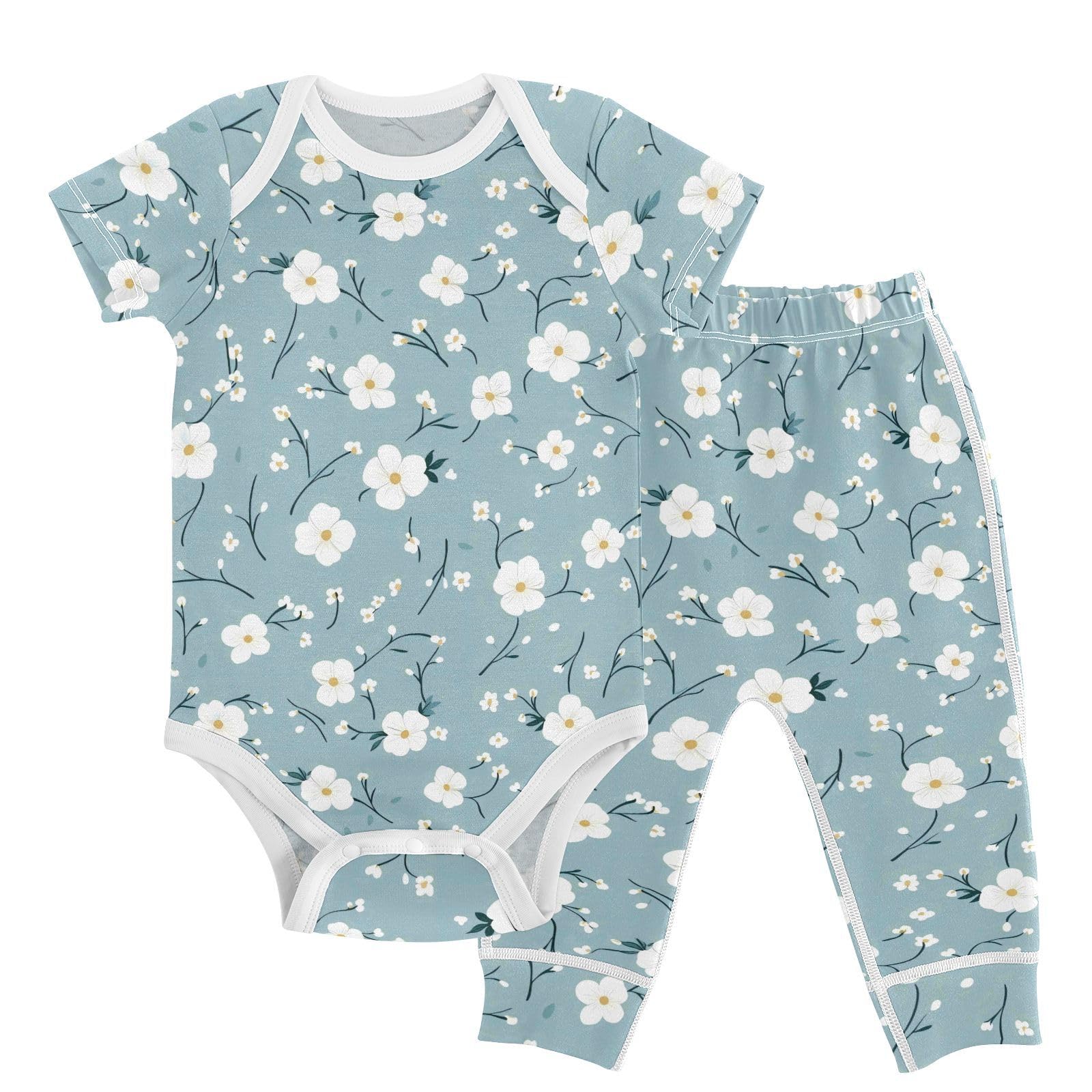 vvfelixl Unisex Short Sleeve Baby Pants Sets,Blue Fresh Small Florals Baby Bodysuits Set,Babys Layette Sets Clothes for 18-24M