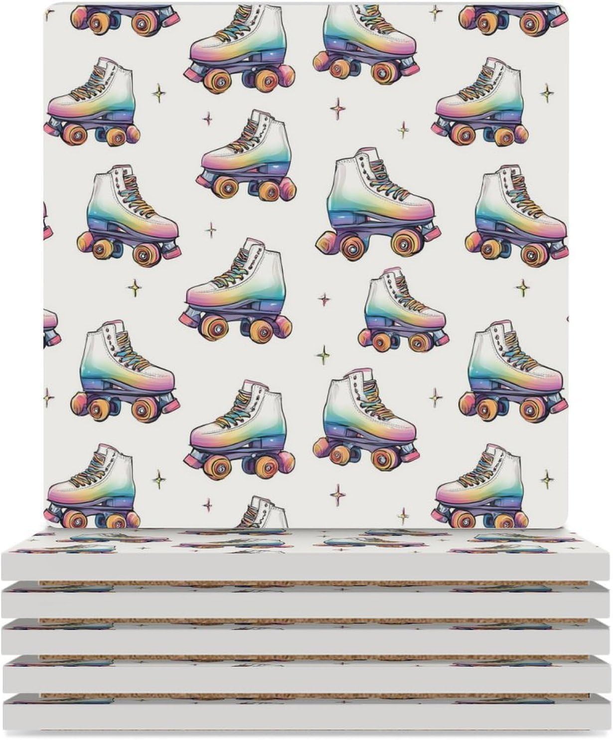 Colorful Roller Skates Coaster for Drinks Square Ceramic Table Coasters Stone Mat Crafts 4PCS Home Kitchen Decor