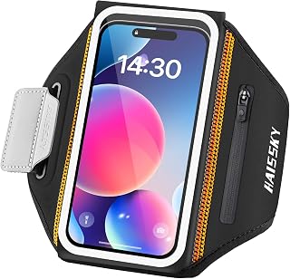 HAISSKY Running Armband for iPhone 16/15/14 Pro, Galaxy S24/S23 - Water Resistant Phone Holder with Earphone/Key Pocket, Fits 6.9" Screens