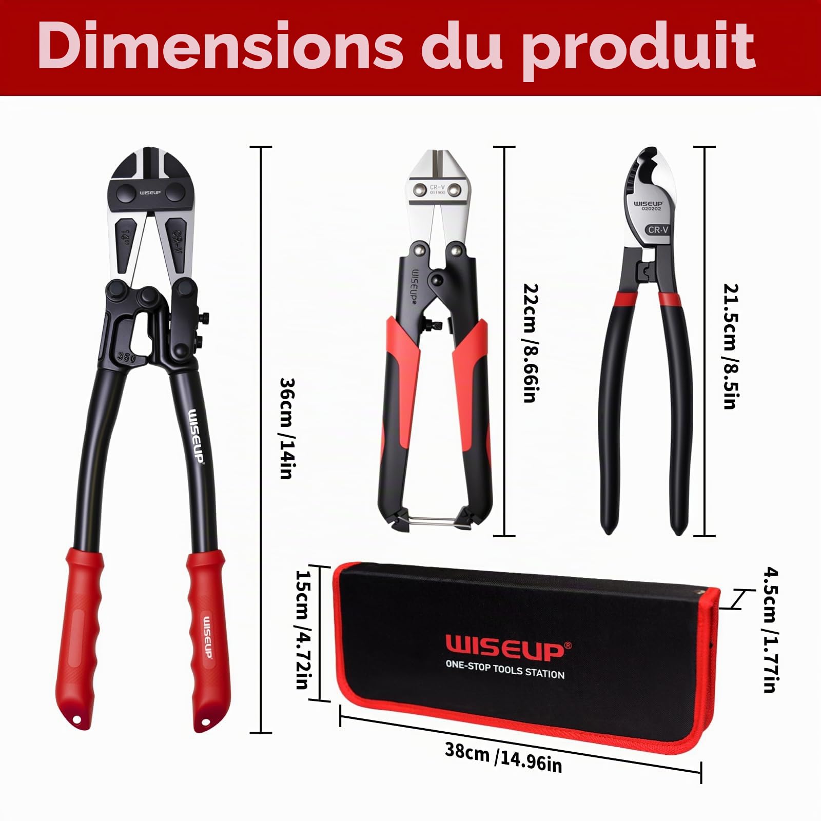 WISEUP Lot de 3 pinces coupe-boulons, coupe-boulons robuste de 35,6 cm et mini coupe-boulons de 20,3 cm, coupe-câble de 20,3 cm avec sac de transport, coupe facilement les cadenas, les fils barbelés