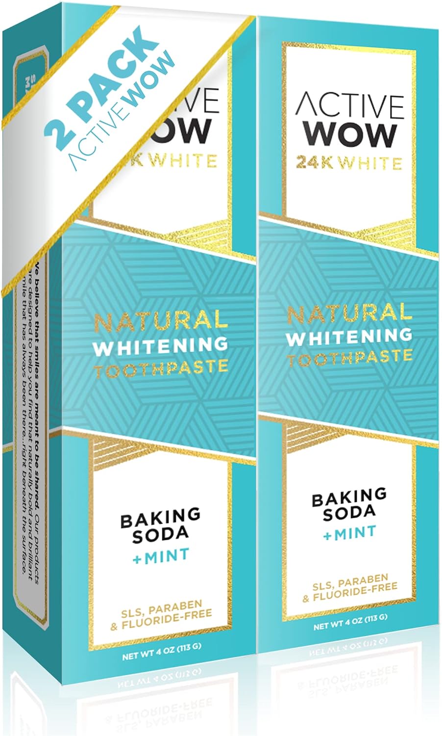 Active Wow 24k White All Natural Whitening Toothpaste - Fluoride Free Toothpaste, All Natural Toothpaste, Made with Organic Coconut Oil & Xylitol, Teeth Whitening Toothpaste - Original, 2-Pack