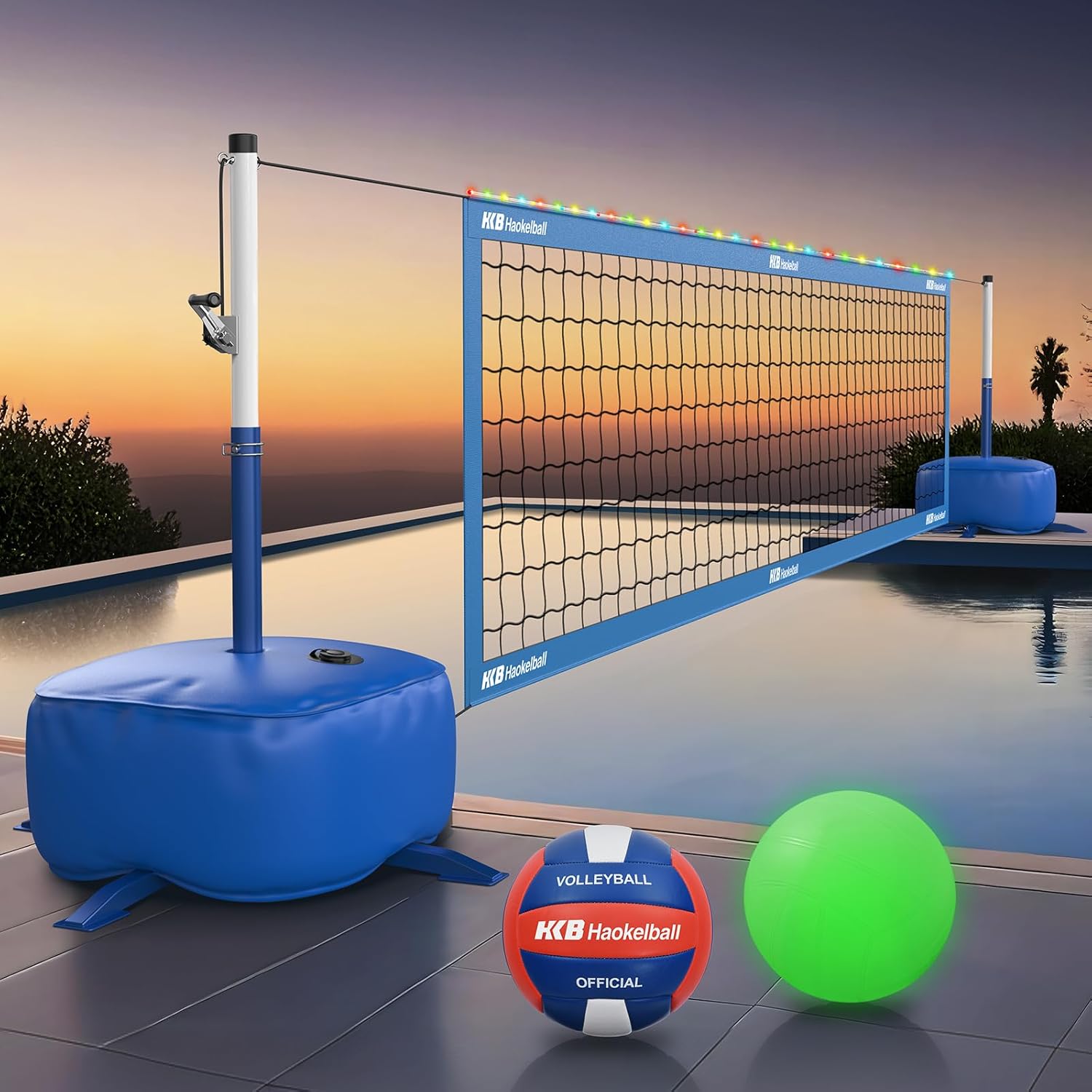 Haokelball Pool Volleyball Net Set – Adjustable 15ft-32ft Length & Height, LED Net, 2 Volleyballs (Standard & Glow-in-The-Dark), 45L Weighted Base, for Family Fun, Pool & Party Games