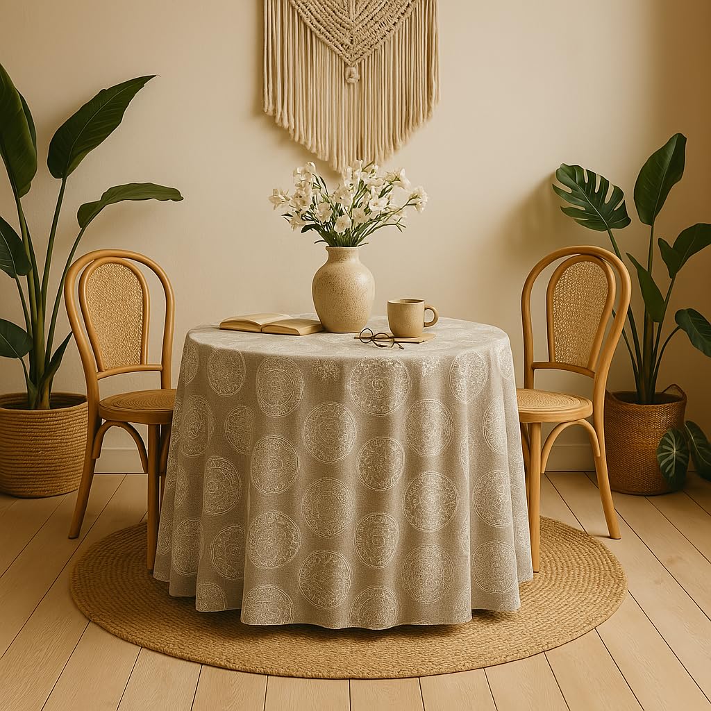 LaFábricadelasTelas - Falda o Ropa de Mesa Camilla Redonda Mandala Primavera Verano Loneta Estampada algodón, Faldón Faldilla enagüilla (Beige, 70cm Diametro)
