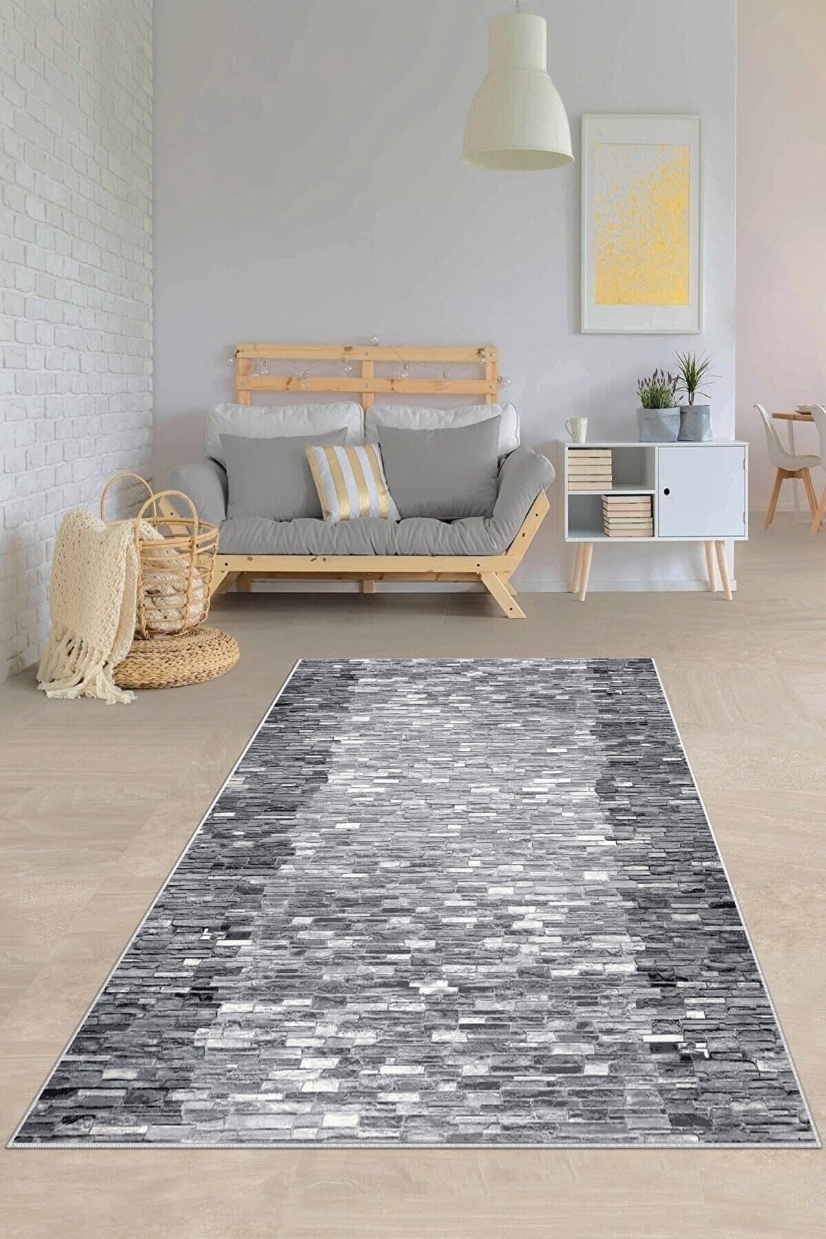 Pelangi Gri Taş Desenli Yıkanabilir Kaymaz Taban Leke Tutmaz Modern Salon Halısı Ve Yolluk, Gri-Beyaz 160 x 240, 135817616024005
