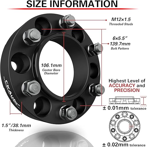 Miniatura 8 de CKAuto Paquete de 2 espaciadores de rueda centrados en cubos de 6 x 5.5, espaciadores de rueda de 2.00 pulgadas, 0.236 x 5.500 in, orificio central