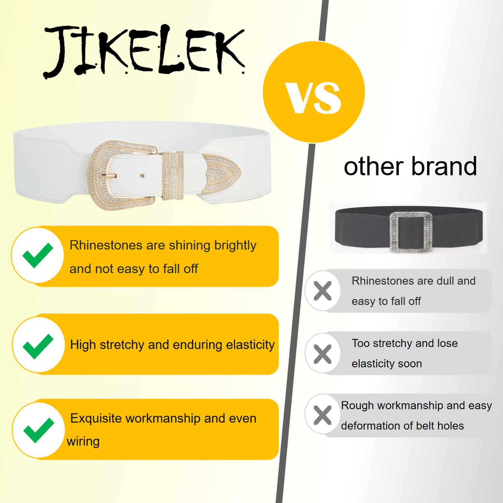 JIKELEK Wide Stretchy Waist Rhinestone Belt for Women Elastic Buckle Belt for Ladies Dresses (White (Gold Buckle), Fit Waist Size 36