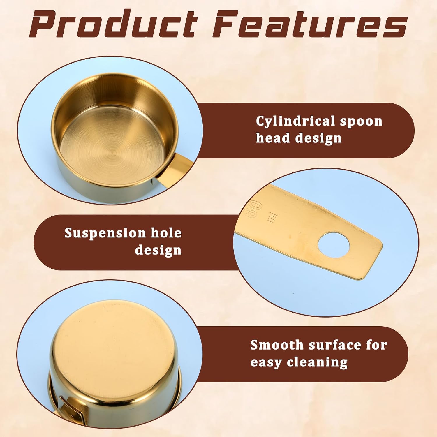 1/4 Cup Measuring Cups, 4 Pcs Golden Stainless Steel Measuring Scoop Gold Kitchen Accessories Metal 2 oz Cups for Baking Cooking Dry and Liquid Ingredient, Dishwasher Safe