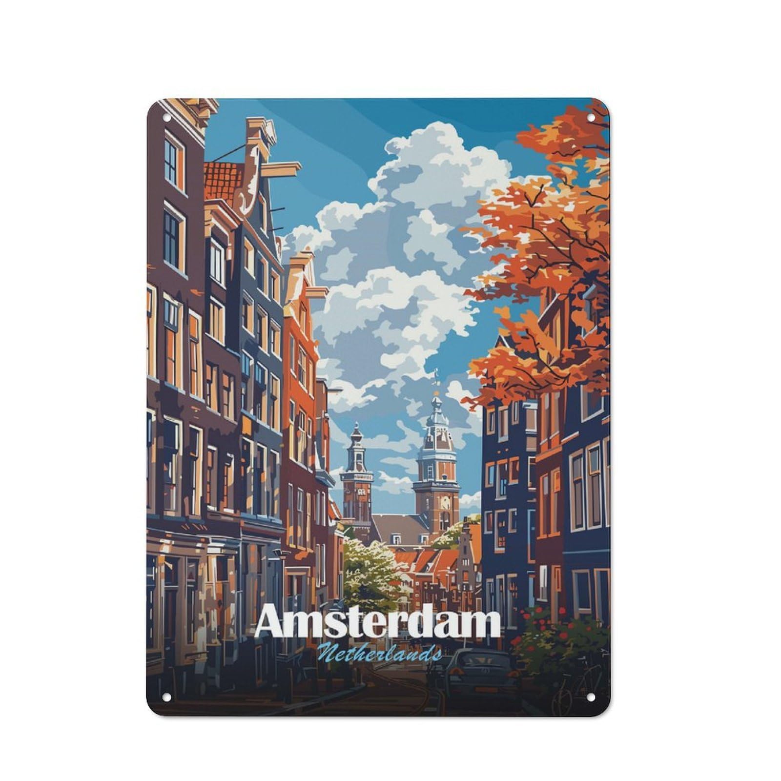 Vintage Amsterdam Netherlands Cityscape Art Garden Room Metal Sign 40x30cm, Porch Wall Decor for Conservatory, Home Bar Or Utility Room