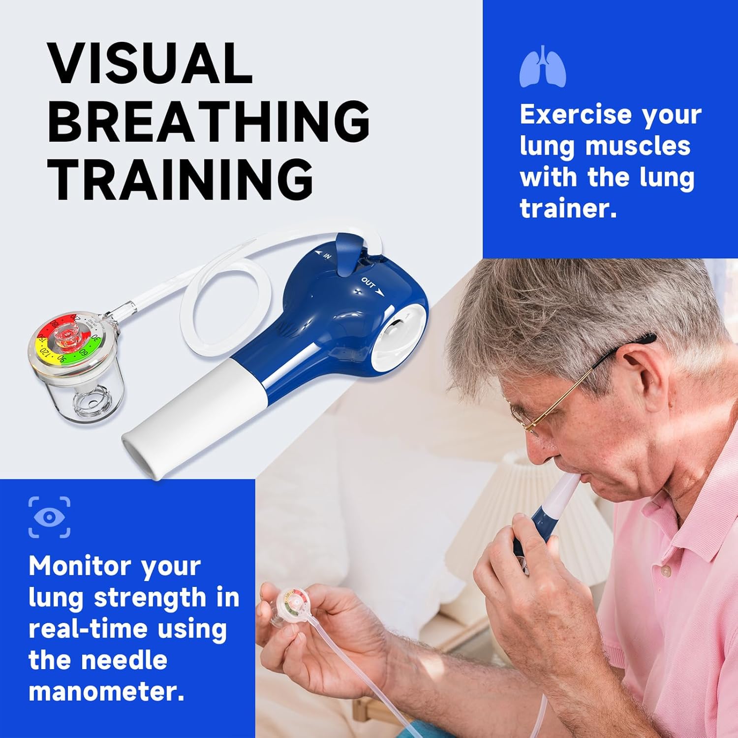 Man using the Sonmol breathing trainer with manometer