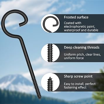 10Pcs Black 6in Rustic Metal Screw-in Ceiling Hooks, 35 lbs Capacity, 10 Count