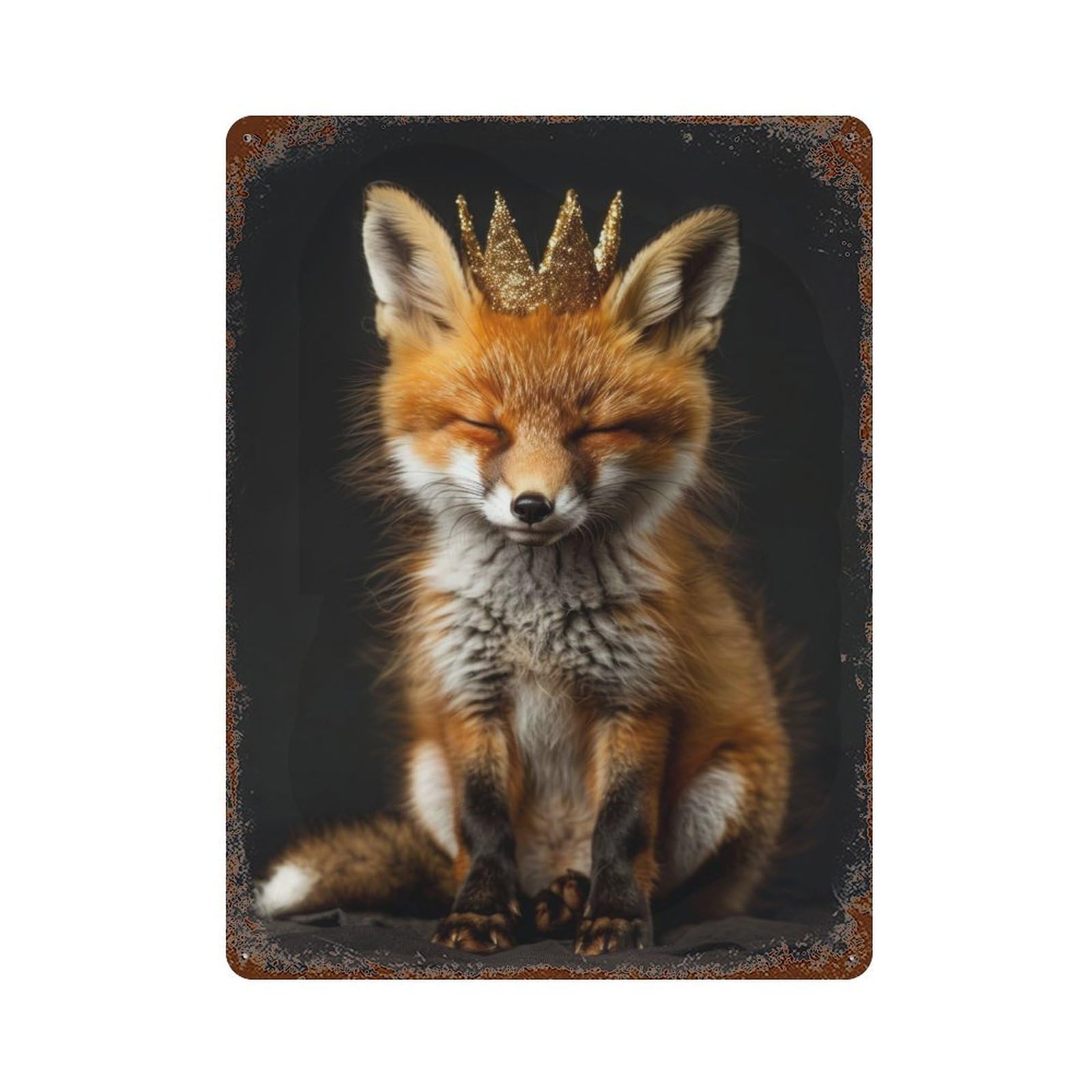Animal Fox Cute King 15.7"x11.8" Vintage Rust Metal Sign, Shabby Chic Decor for Garage, Bar And Workshop Decor