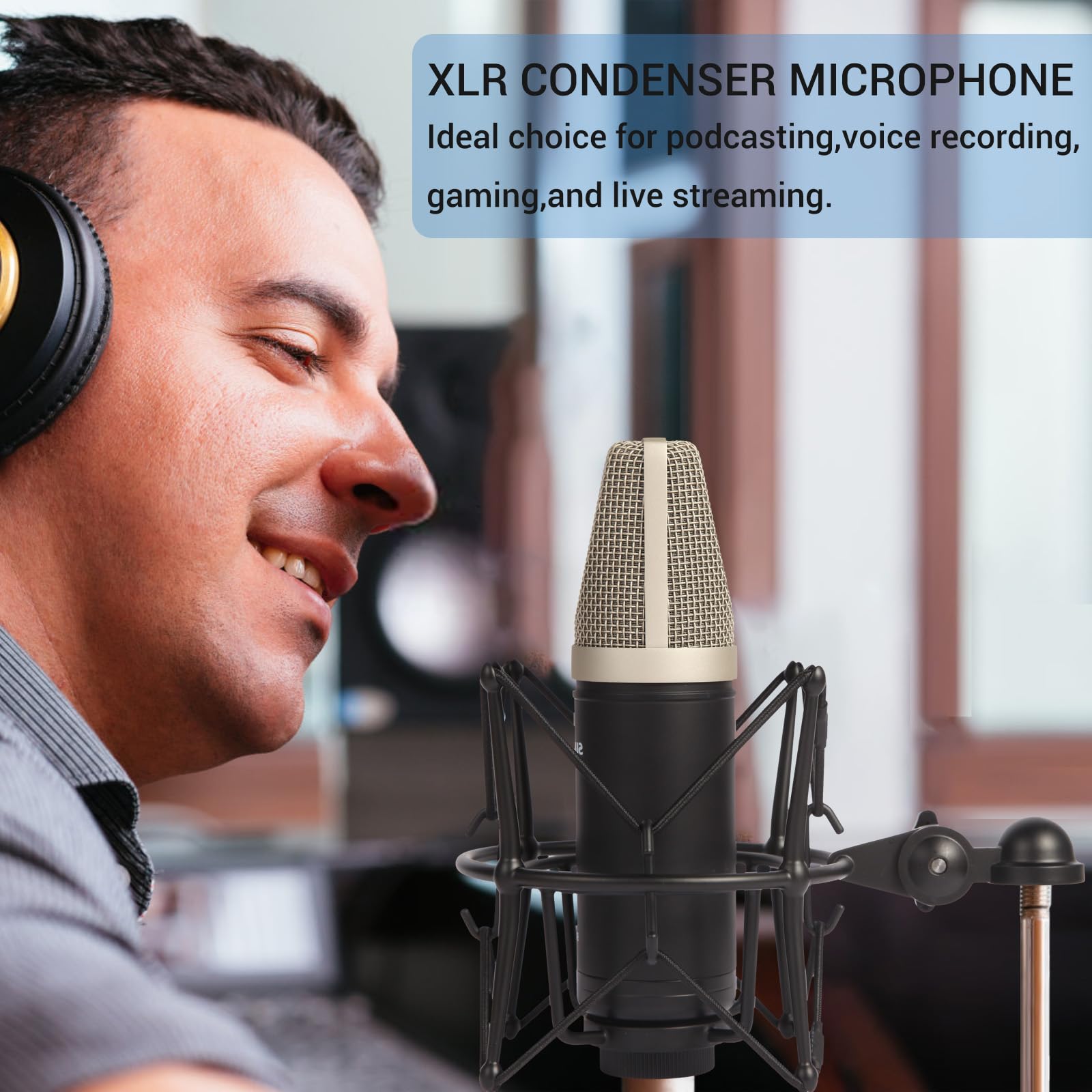SUUNTOK Microfono a condensatore XLR, kit microfono cardioide professionale con diaframma grande, con supporto antiurto, per studio, live streaming, podcas (nero)