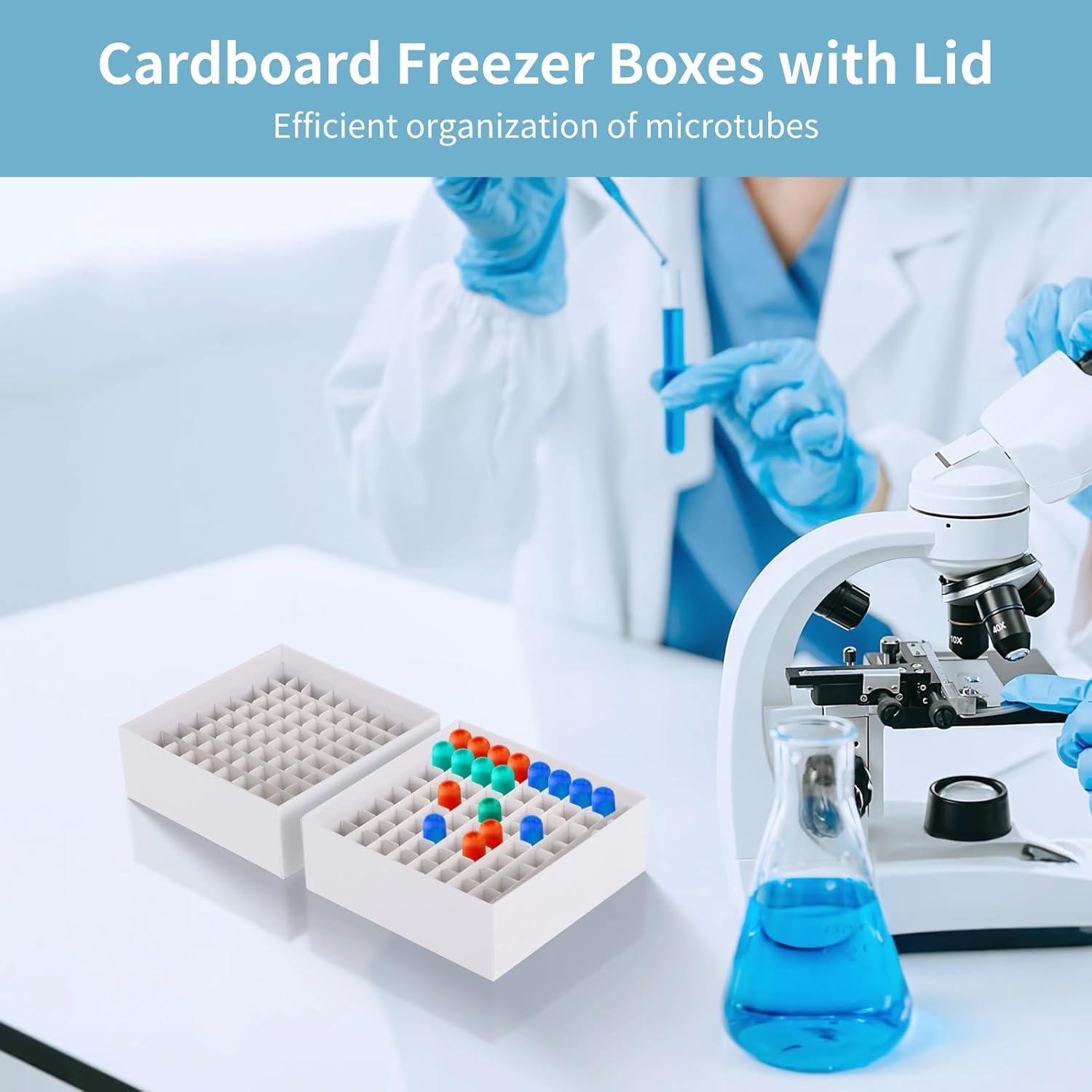 18 Pcs Cardboard Freezer Boxes with Lid, 81-Well Lab Microtube Storage Box, 5.3x2 in Vials Refrigerator Storage Box, Waterproof Freezer Box, Detachable Grid, for 1.8/2ml Microtubes