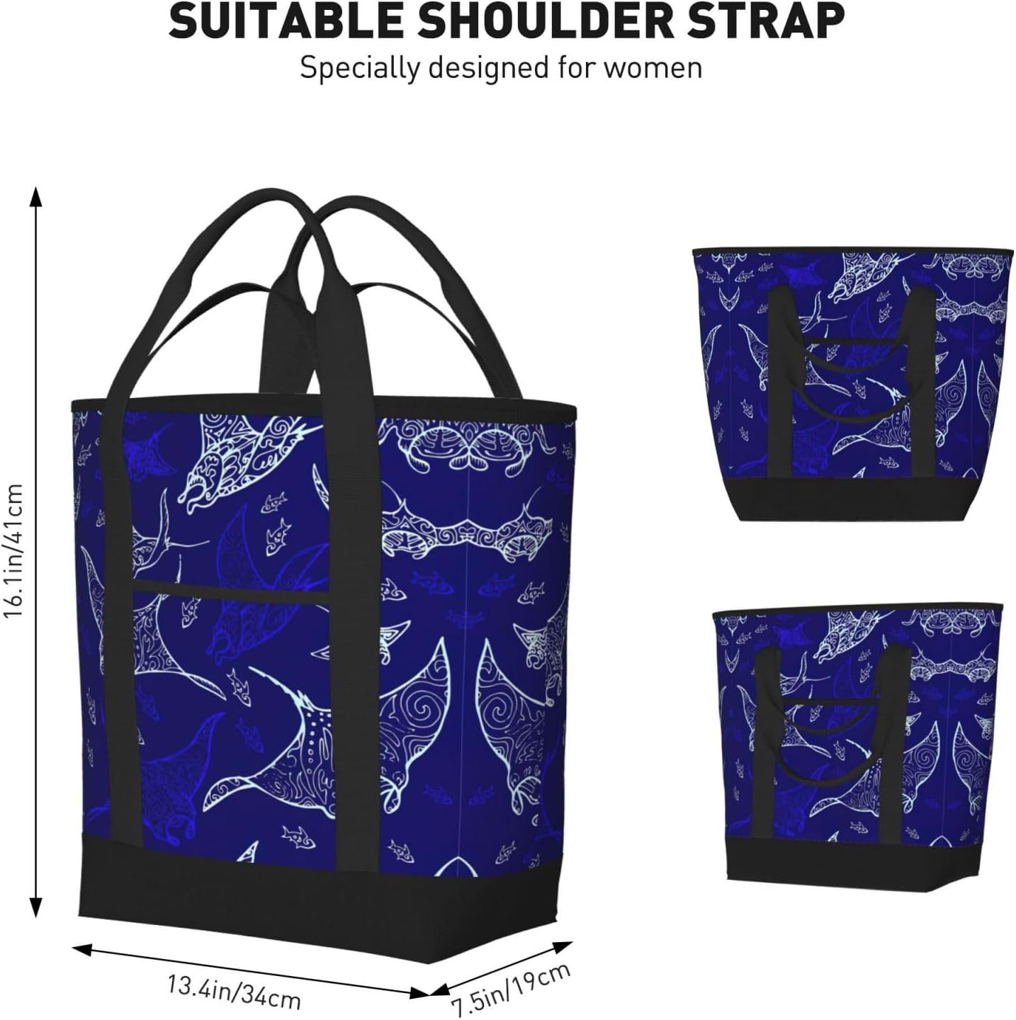 Manta Ray And Fish Print Large Cooler Bag Tote Bag,Reusable Grocery Bag,Lunch Box Bag, For Picnic Beach Camping
