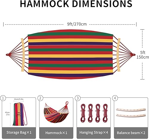 Miniatura 5 de Hamaca, Hamaca de Lona de Algodón, Hamaca Portátil para Acampar con Bolsa de Transporte, Dos Vigas de Equilibrio que Evitan que se Gire, Mosquetones