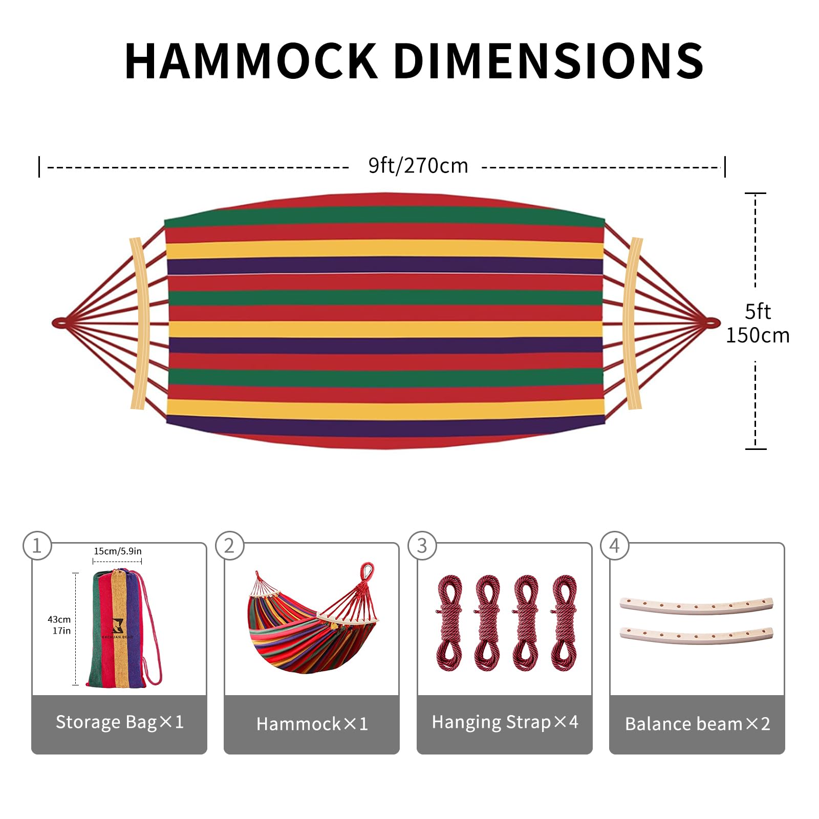 Hamaca, hamaca de lona de algodón, hamaca portátil para acampar con bolsa de transporte, dos cuerdas de mosquetón de metal antivuelco y correas de árbol, ideal para interiores, patio, camping,