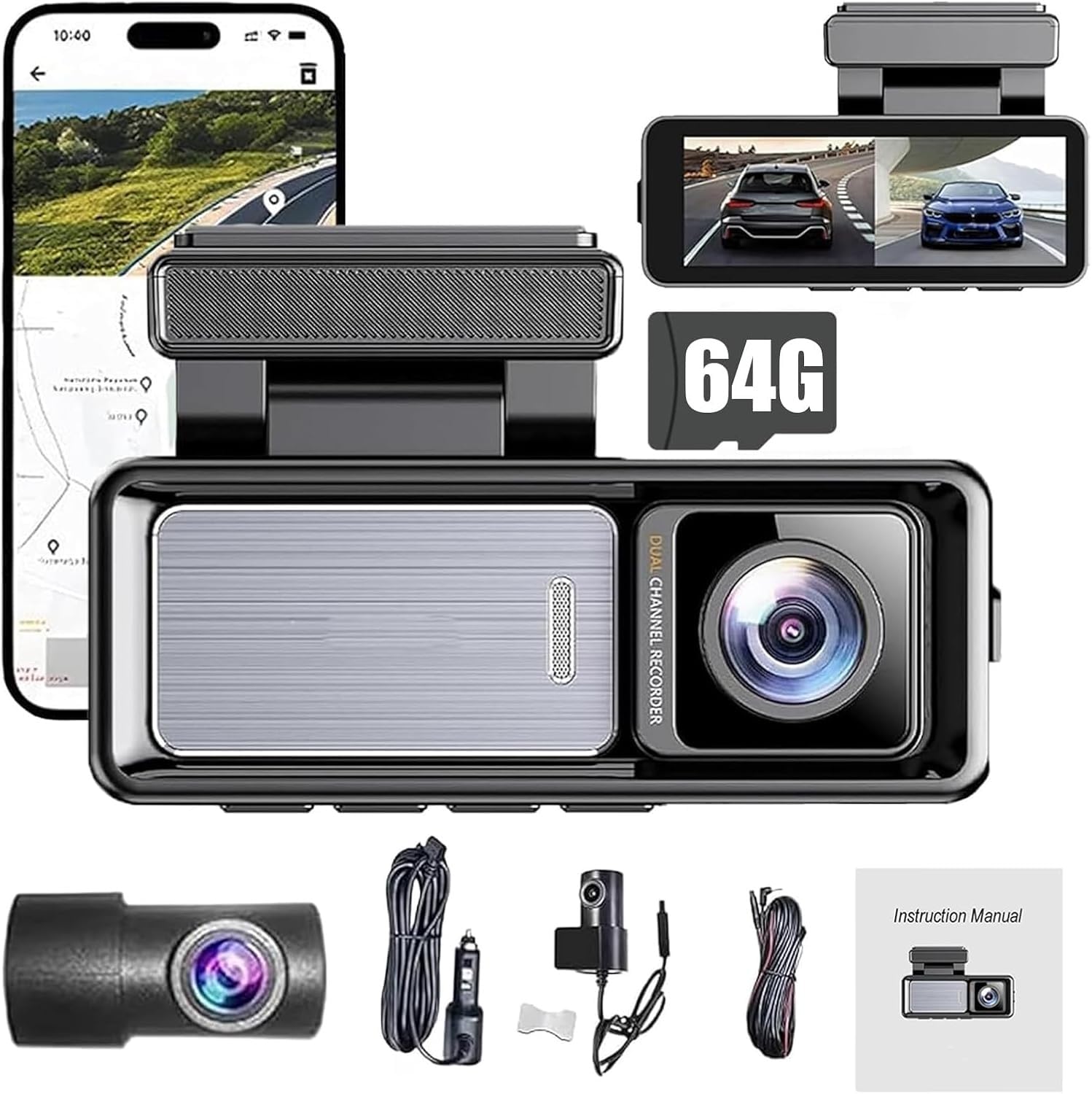 Osmo Dashcam Pro, Dashcam Wireless Per Auto, Anteriore E Posteriore Con Scheda Da 64 GB E Controllo Wi-Fi/app, Telecamera Per La Retromarcia, Registrazione In Loop, Monitoraggio
