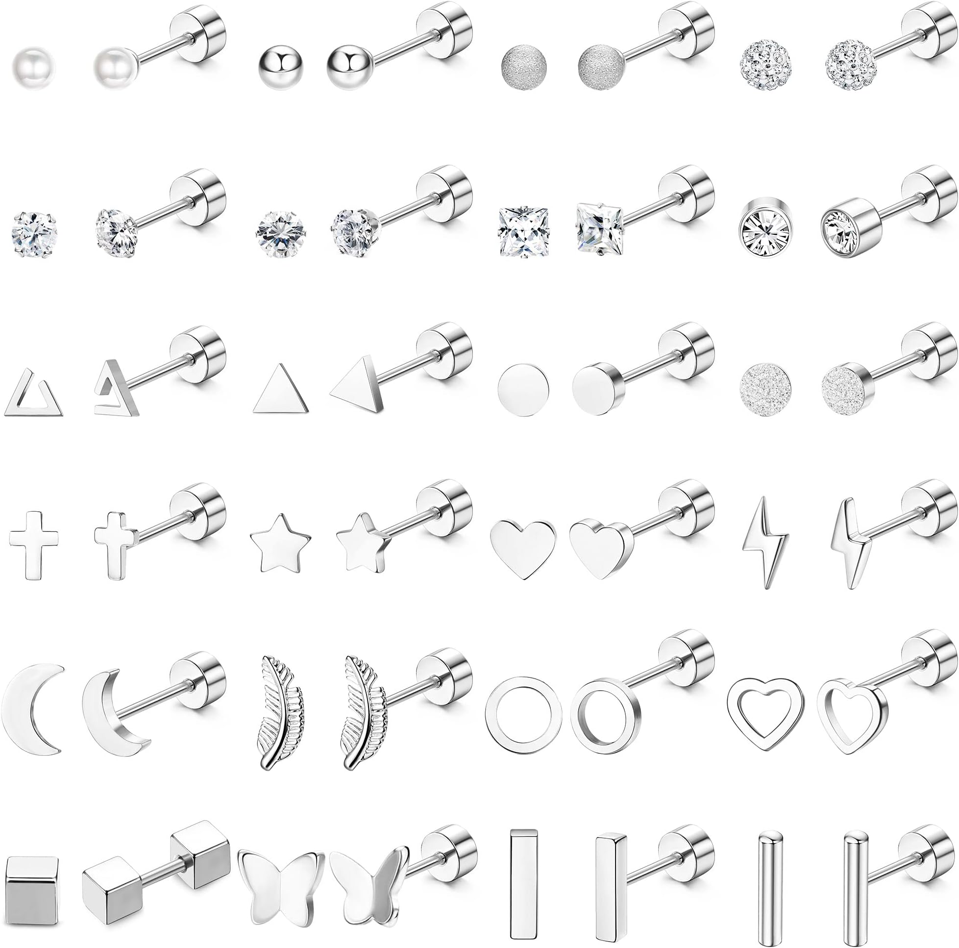 JeweBella24Pairs Small Stud Earrings Set for Women Surgical Steel Cartilage Helix Earrings Hypoallergenic Butterfly Pearl Cubic Zirconia Flat Back Earrings Set Piercing Stud Earrings for Women