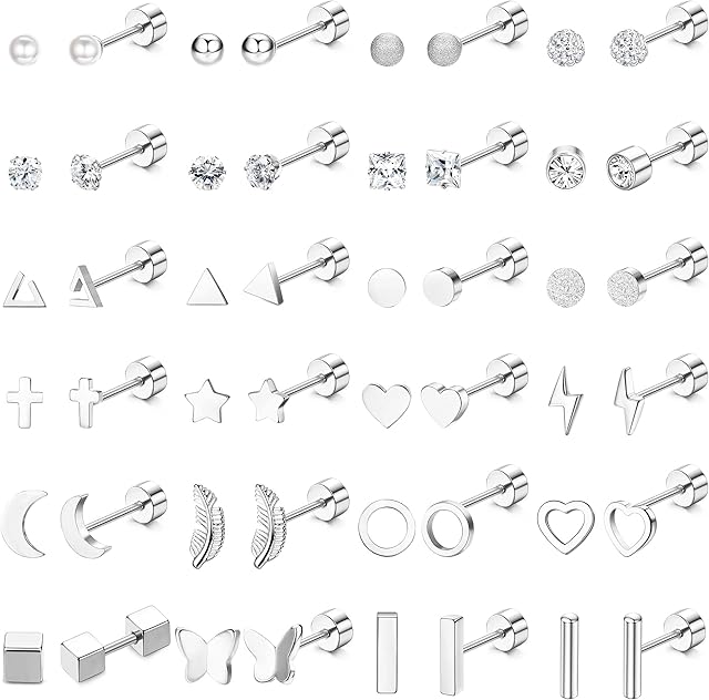 JeweBella 24Pairs Small Stud Earrings Set for Women Surgical Steel Cartilage Helix Earrings Hypoallergenic Butterfly Pearl Cubic Zirconia Flat Back Earrings Set Piercing Stud Earrings for Women