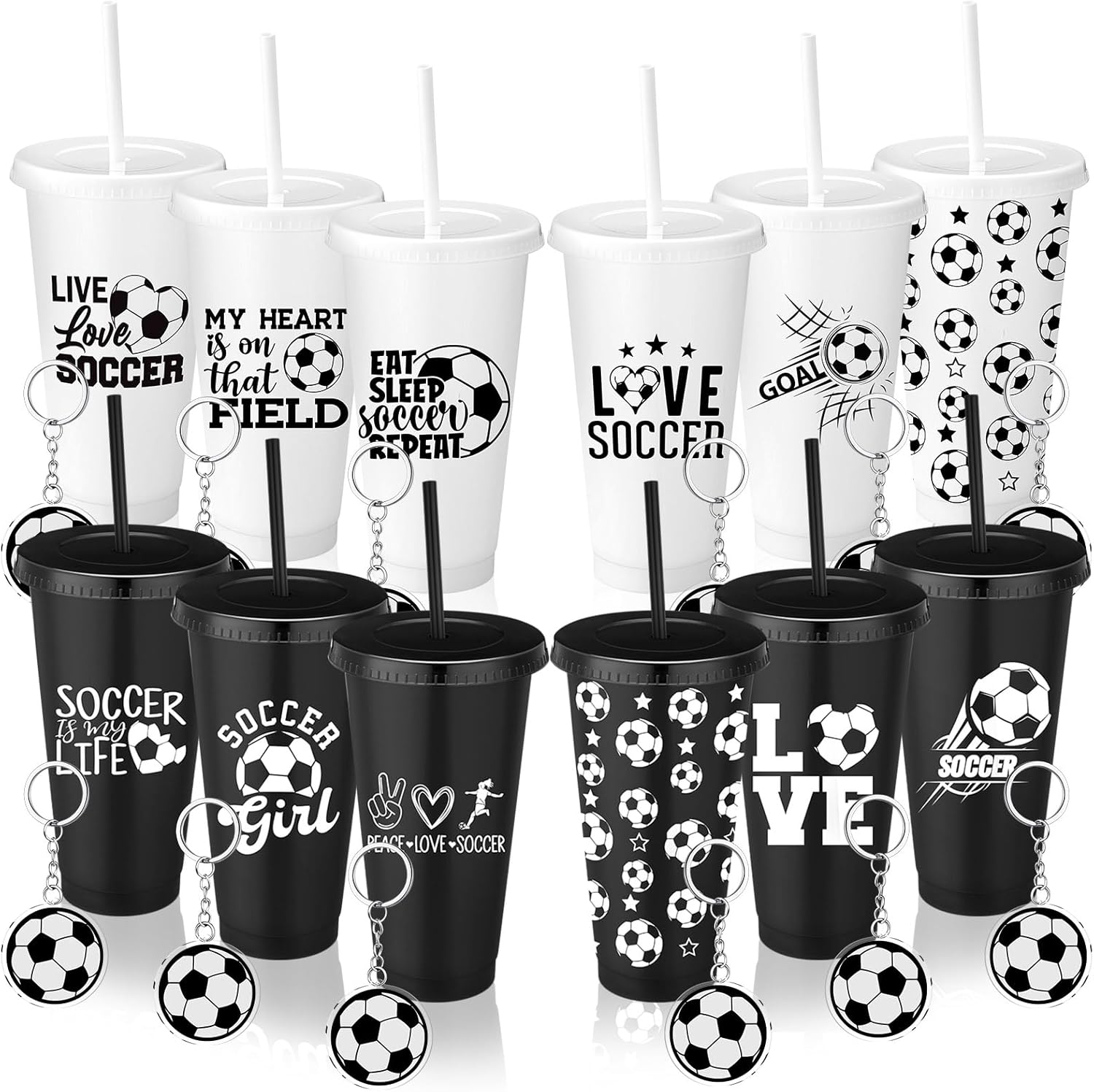 Nuogo 24 Pcs Volleyball Party Favor Volleyball Plastic Reusable Cups Tumbler with Lid Straw and 12 Acrylic Keychain Volley Ball Gifts for Team Fan Friend Coach Sport Lovers Gifts Party Supplies