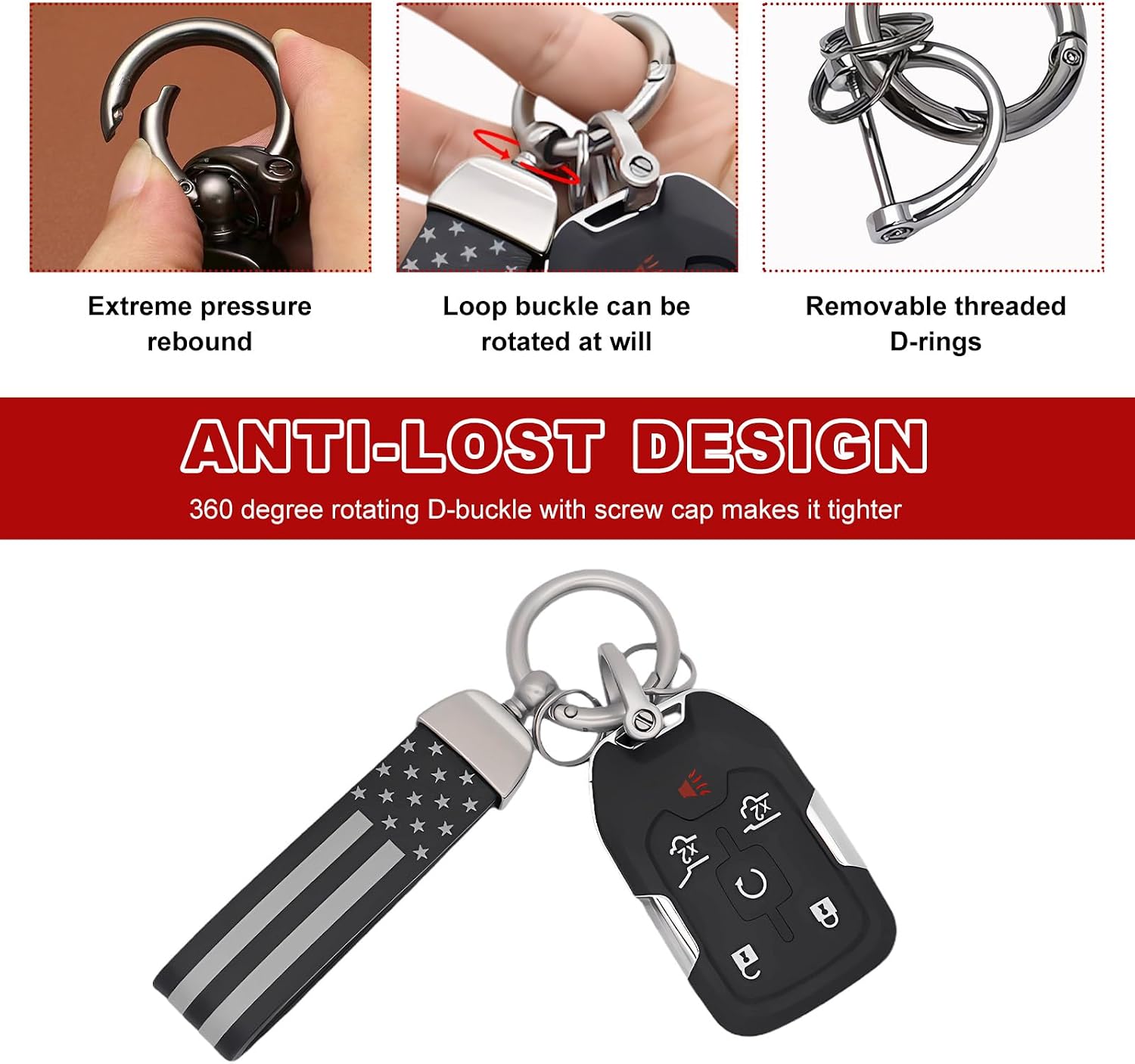 Yourkar US Flag Car Keychain, 360° Rotation American Flag Key Chain with Zinc Alloy Rings & Anti Lost D-Ring, Car Accessories (Black&Silver) image 3