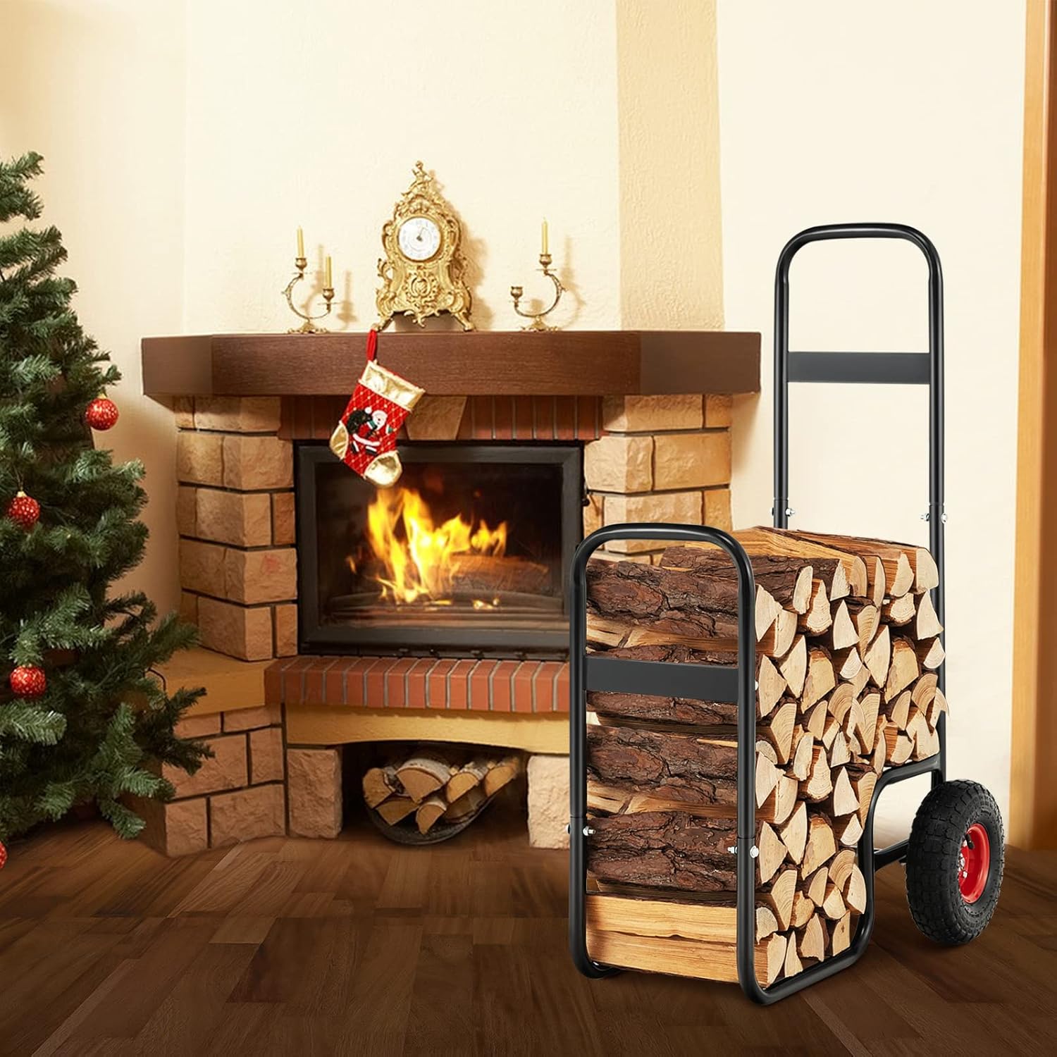 Nightcore Firewood Log Cart Carrier, Outdoor & Indoor Steel Wood Rack Storage Mover with 2 Large Rubber Wheels, Heavy Duty Steel Fireplace Log Carrier Mover, Rolling Wheeled Dolly Hauler, Black