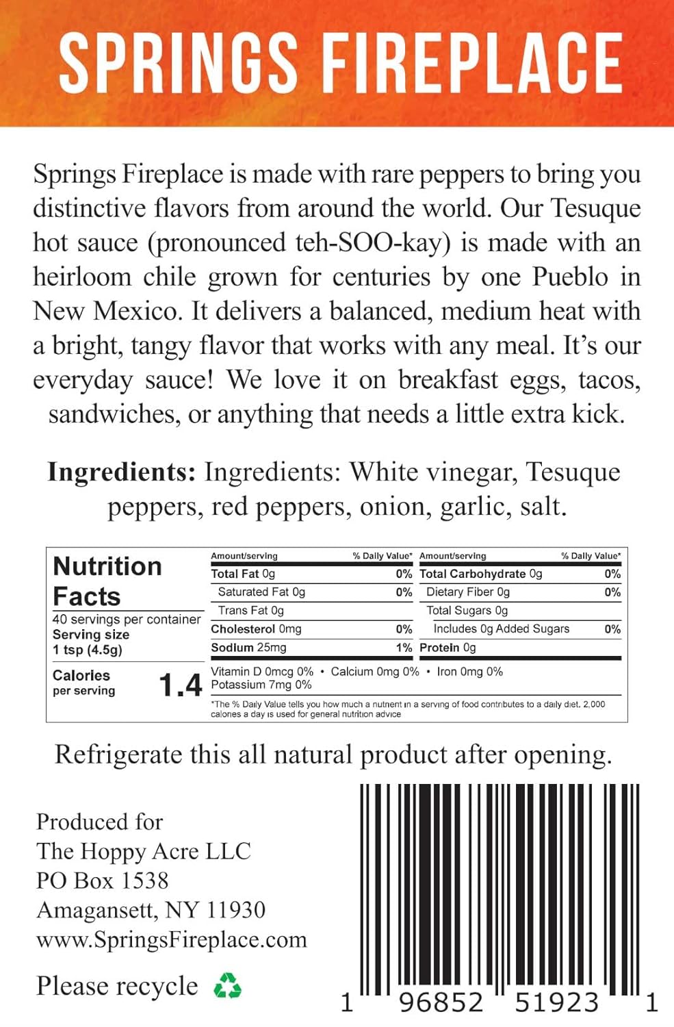 Springs Fireplace Hot Sauce Variety 2pk, Tesuque, Aji Peach, Small Batch, Farmer Grown, Hot sauce, rare peppers, Set of 2, No Preservatives, All Natural, Low Sodium, No Added Sugar, Any Meal, 6.7oz each, 200ml each