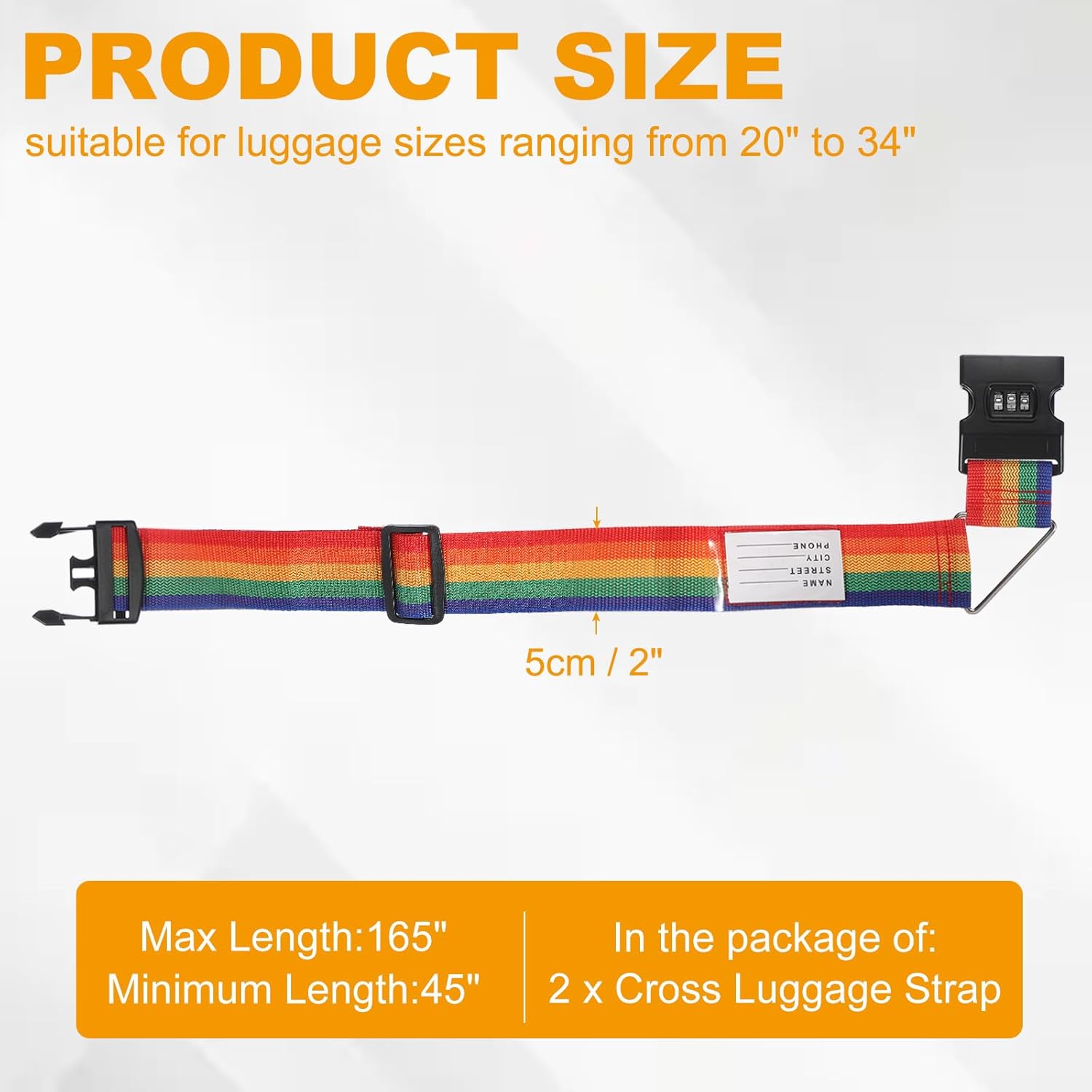 MECCANIXITY Cross Luggage Straps with Combination Lock Name ID Card Adjustable Suitcase Belt Strap for Suitcase Briefcase Backpack Travel, Rainbow, Pack of 2