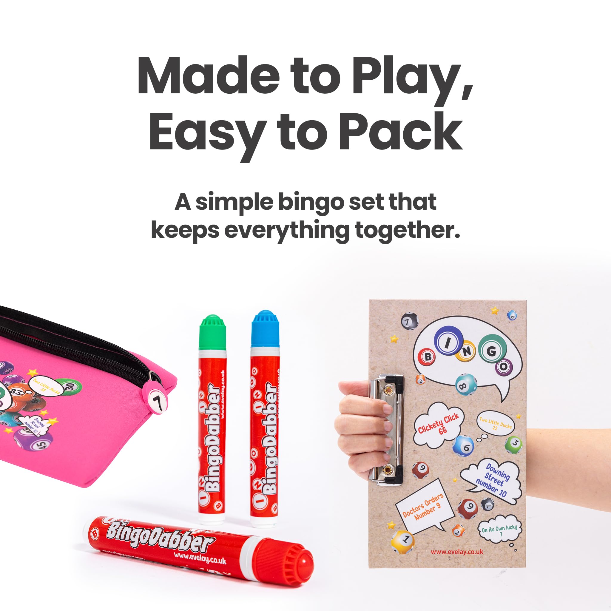 evelay Coffret cadeau pour bingo Dabber | 3 dabbers de bingo | 1 planche de bingo avec clip | Sac de rangement avec numéro porte-bonheur à fermeture éclair | Encre anti-goutte | 6 options de couleur