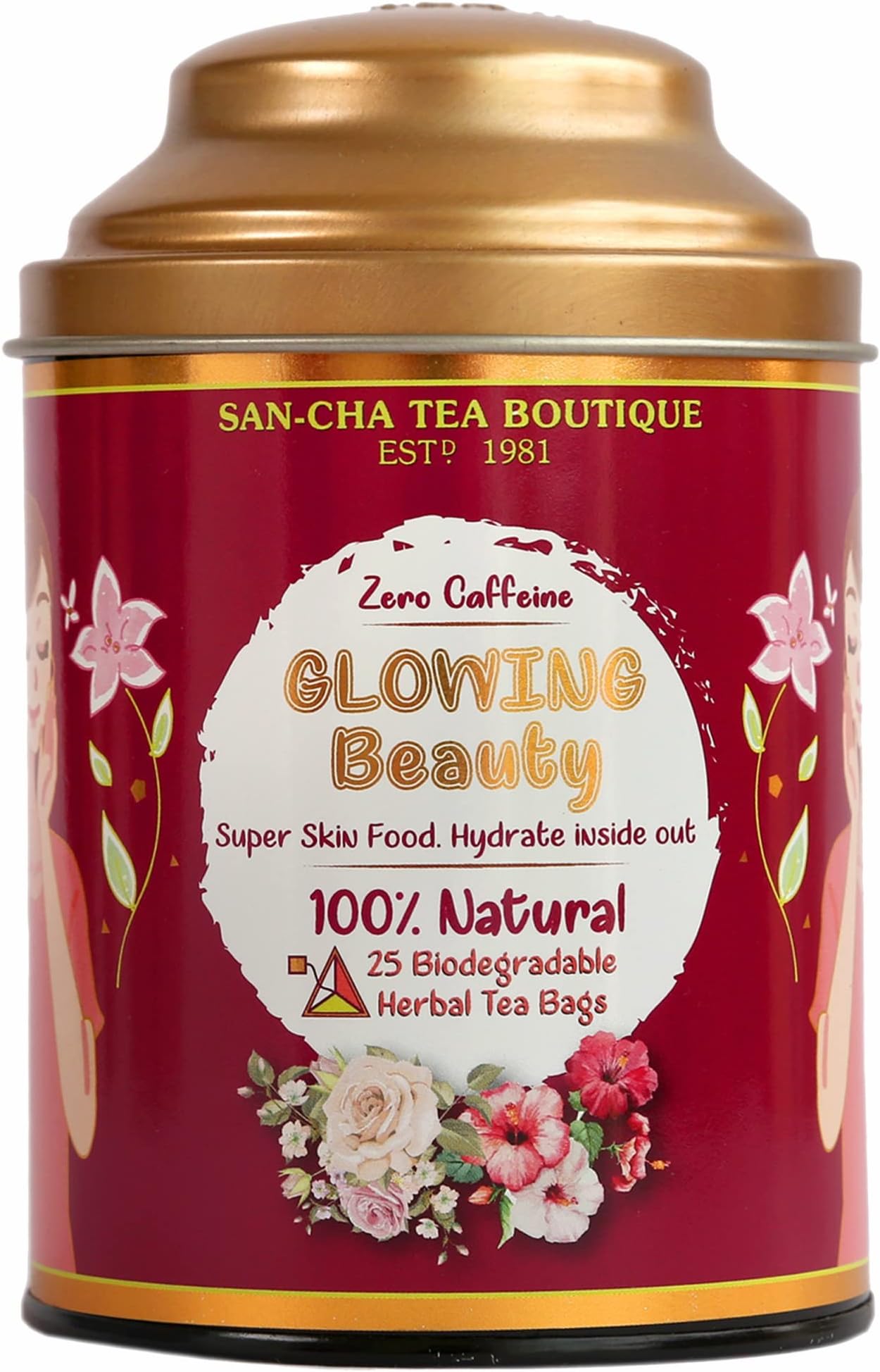Sancha Tea Boutique, Glowing Beauty Tea, Caffeine Free Herbal Tisane, 25 Pyramid Bags, Supports Skin Glow & Skin Health