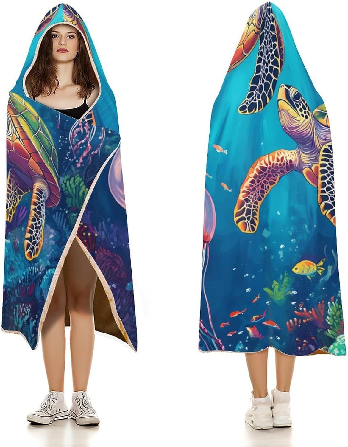 Ocean Turtles Jellyfish Coral Fashion Wearable Blanket Hoodie Fleece Throw Cloak Robe Unisex