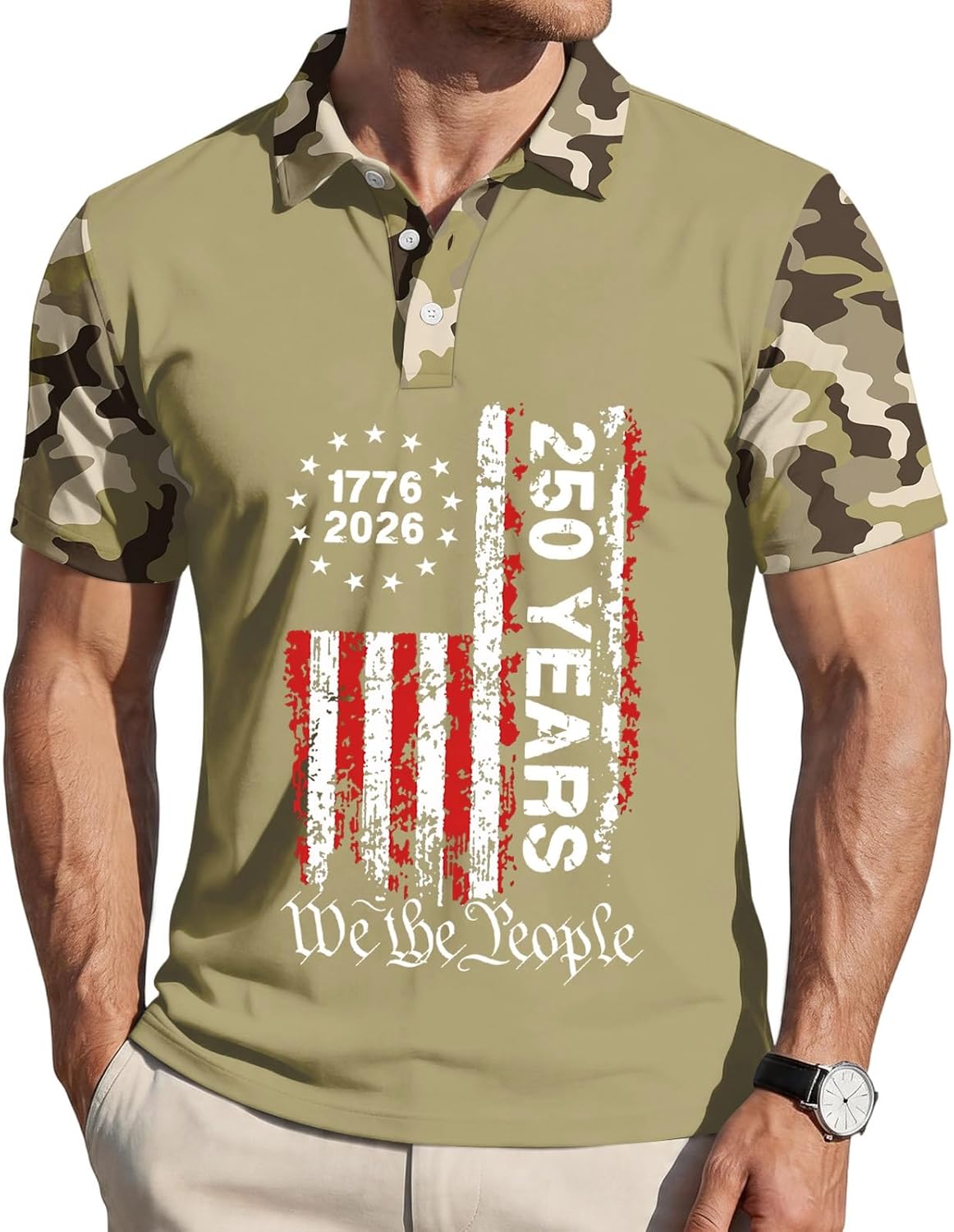 Ymosrh Men's Tactical Polo Shirt Sleeve 250 Years Flag Print Athletic Fit Gym Training Workout Patriotic Shirts, S-4XL