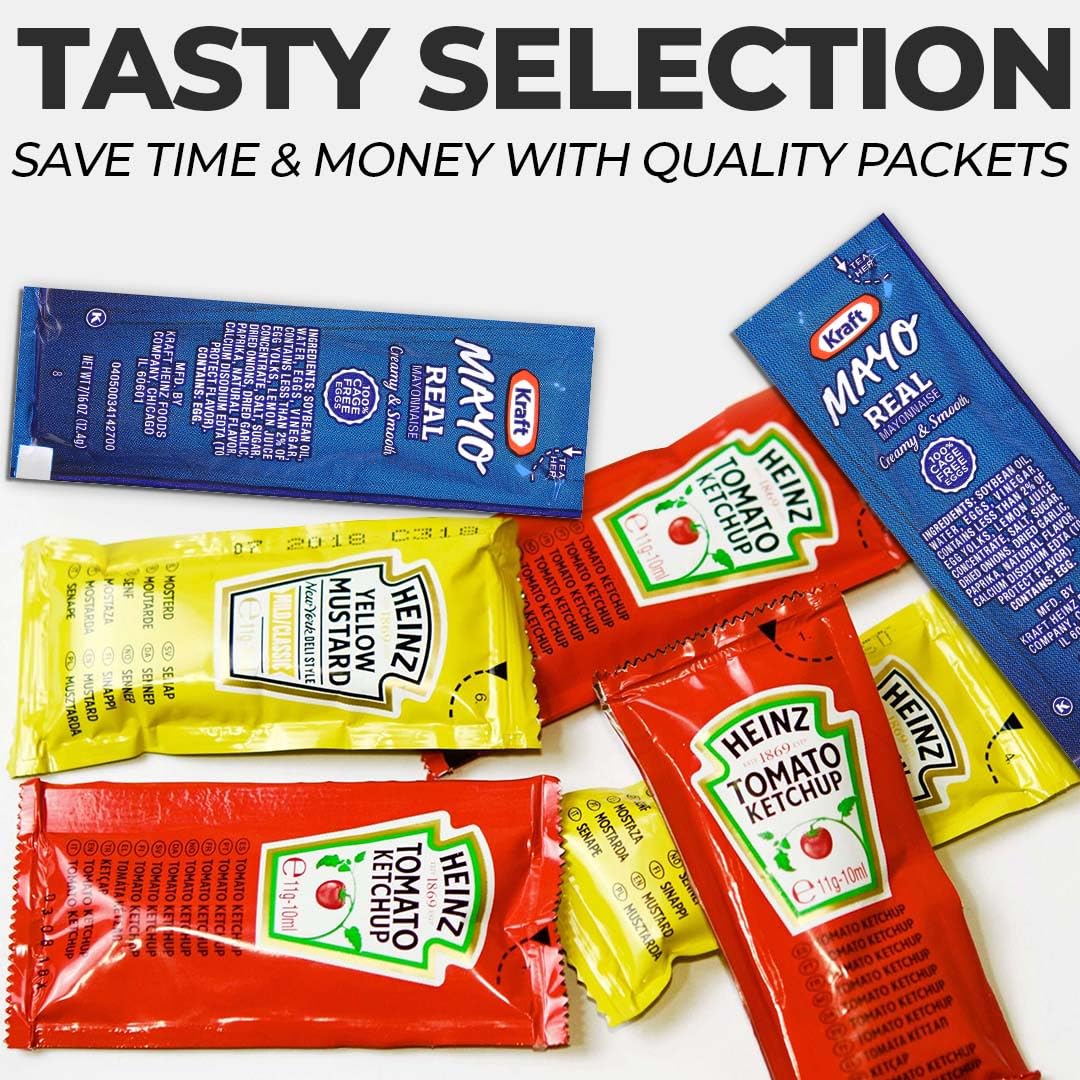 Bulk Condiment Packets Variety Pack 150-Count - 50 Single Serve Packs of Each: Ketchup, Mayonnaise and Mustard Packets - Individual Travel Condiments for BBQ, Picnic, Events