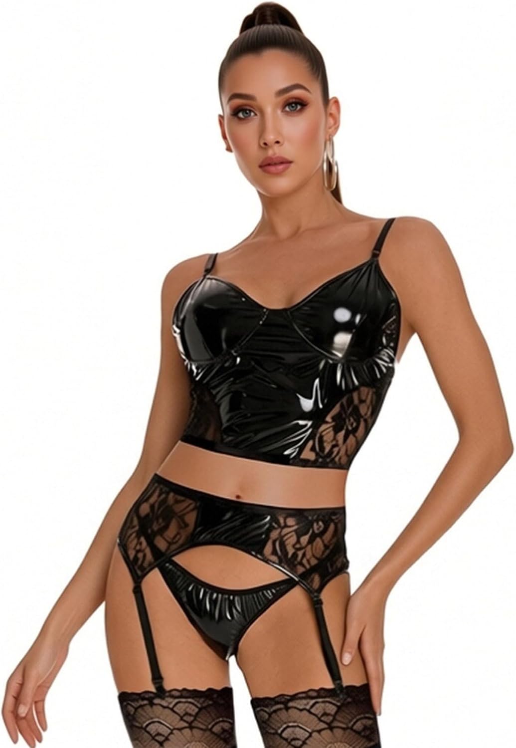 iiniim Lingerie Set for Women Patent Leather Pajamas Set