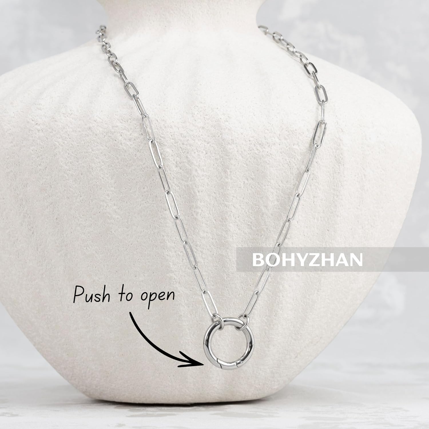 14K Gold Plated Open Circle Carabiner Link Paperclip Necklace with Charm Holder Pendant, Jewelry Gifts for Women - Image 2