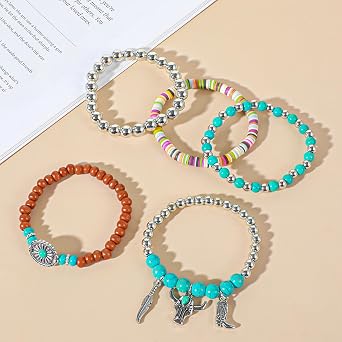 Ouligay 5 PCS Western Bracelets for Women Men Stackable Beaded Bracelets Cowgirl Bracelets Vintage Turquoise Elastic Bracelet Jewelry for Country Concerts, Cowgirl Outfits & Boho Accessories