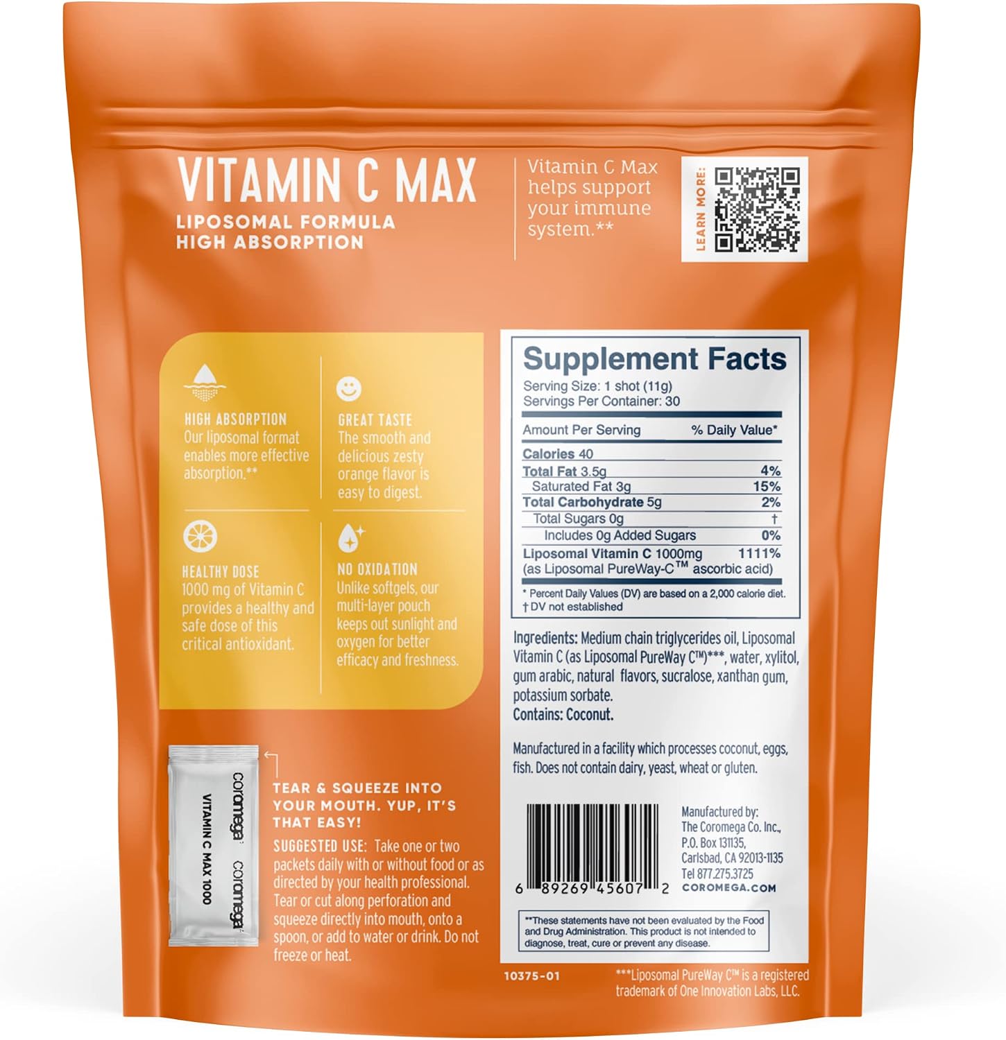 Coromega Vitamin C MAX, Powerful Antioxidant for Immune System Support, Orange Flavor