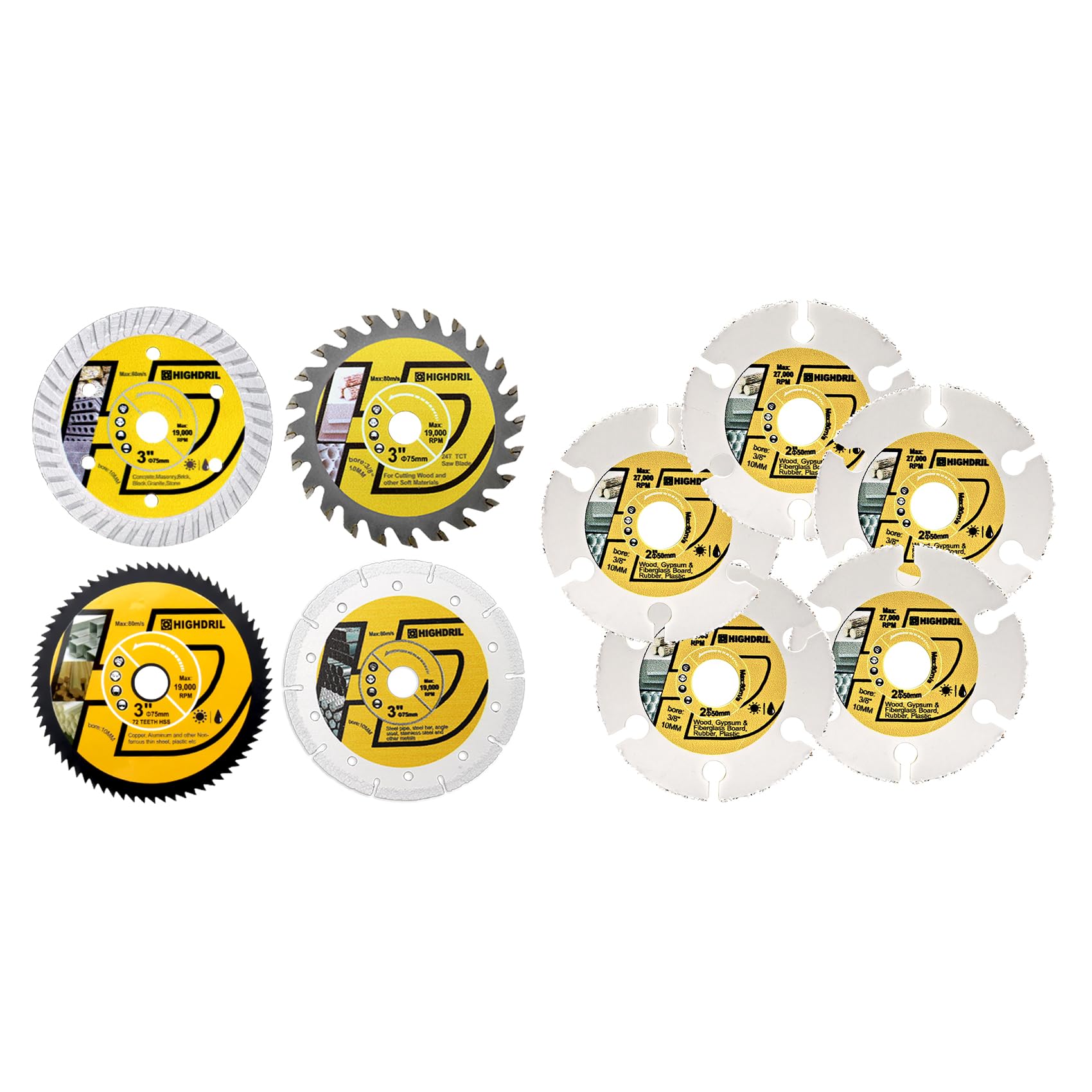 HIGHDRIL 3" 75mm Circular Saw Blade Set 4pcs - Diamond/HSS/TCT Cutting Disc for Angle Grinder Cutting Soft Metal Copper Aluminum Granite Tile Plastic Wood