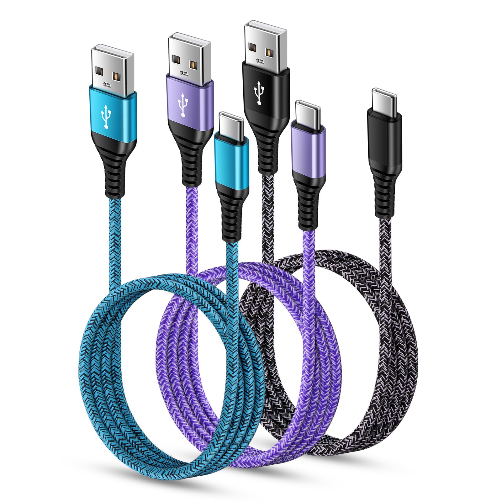 USB C Charger Cable Fast Charging 3 Pack 6ft for iPhone 16 15 Pro Max/15 Plus/15 Pro/15, 3.1A Braided Car Cord USB A to USB C Android Phone Power Cord for Samsung Galaxy S24 A54 A14 S23 Ultra S22 S21