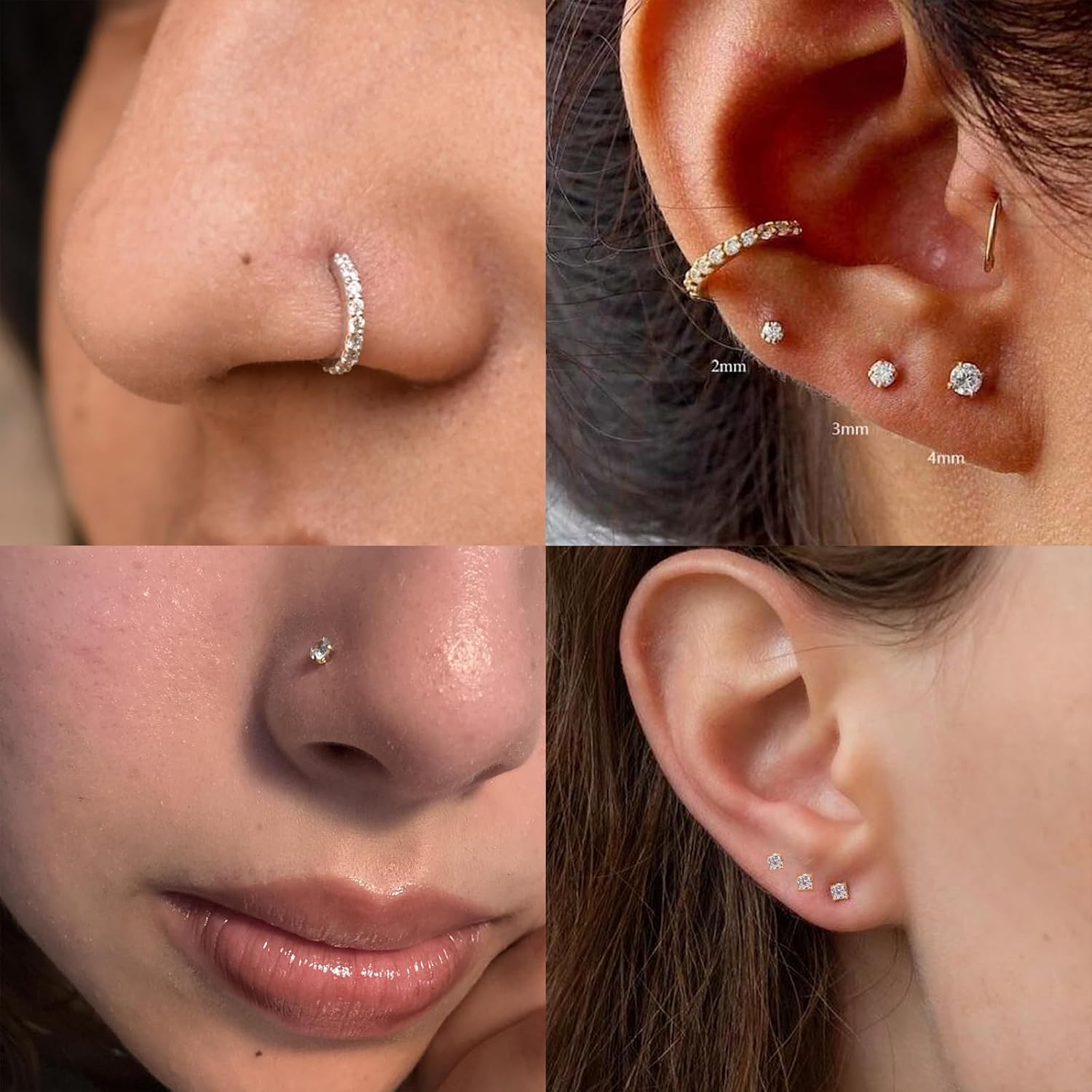9PCS Hypoallergenic Titanium Nose Ring Studs Set, Silver Threadless Flatback Nose Stud for Women Men Gold Helix Tragus Piercing Jewelry Small Push in Flat Back Earrings CZ Ball Heart 20G 2/2.5/3/4mm