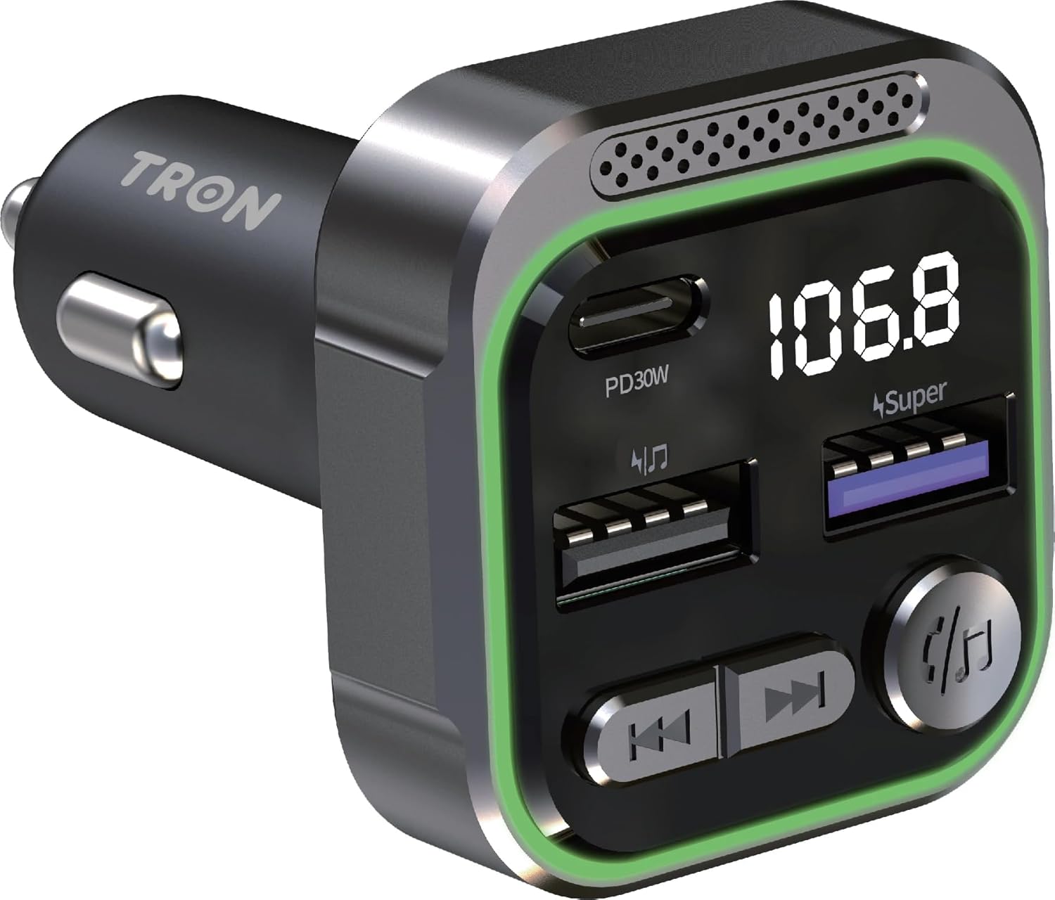 Tron 30W Car Wireless Bluetooth FM Transmitter Dual USB-C & USB-A, Fast Charging, for Most Devices, Black Tron 30W Car Wireless Bluetooth FM Transmitter Dual USB-C & USB-A, Fast Charging, for Most Devices, Black