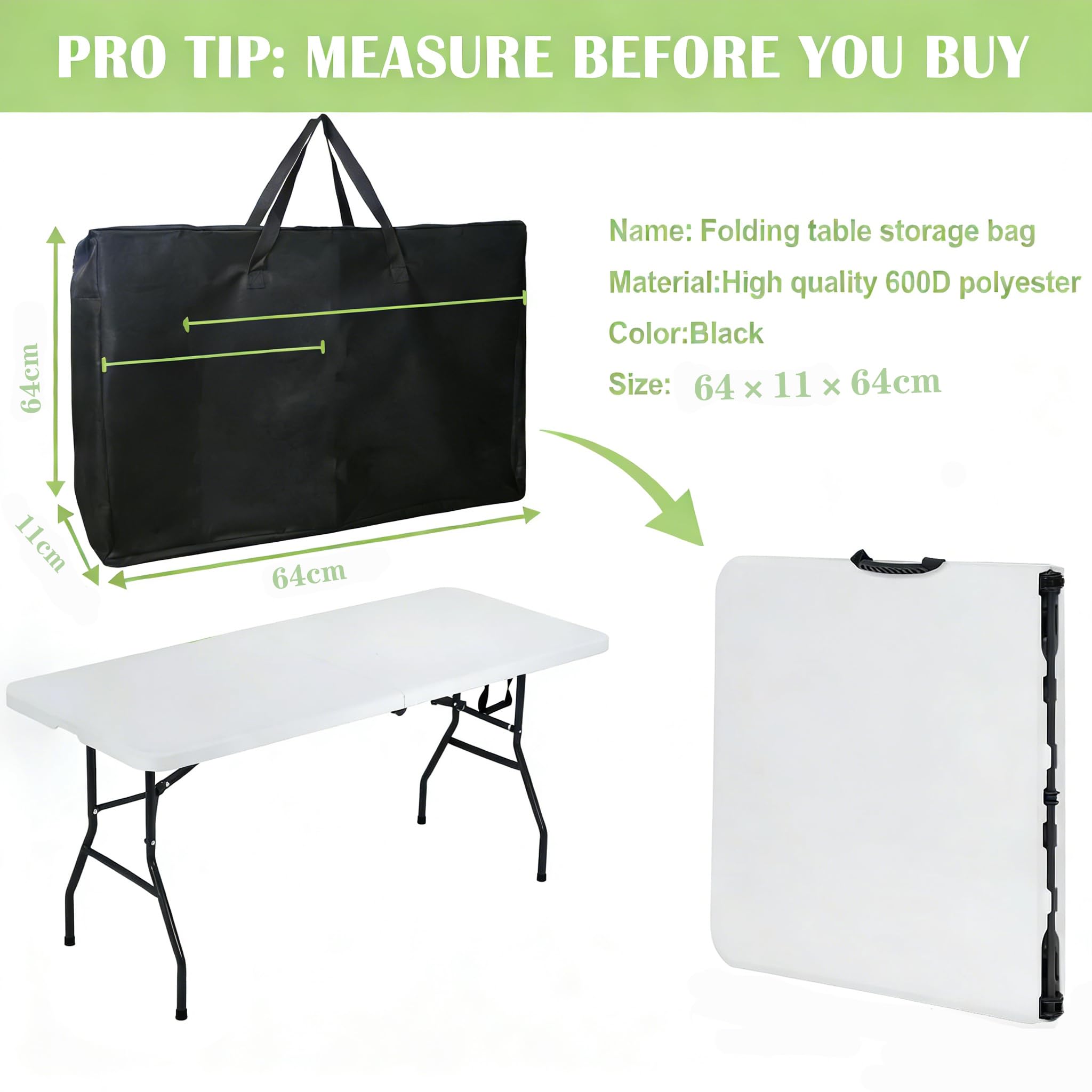 4 Foot Folding Table Storage Bag, Waterproof Outdoor Folding Camping Table Carrying Bag (64x11x64cm) — view 3