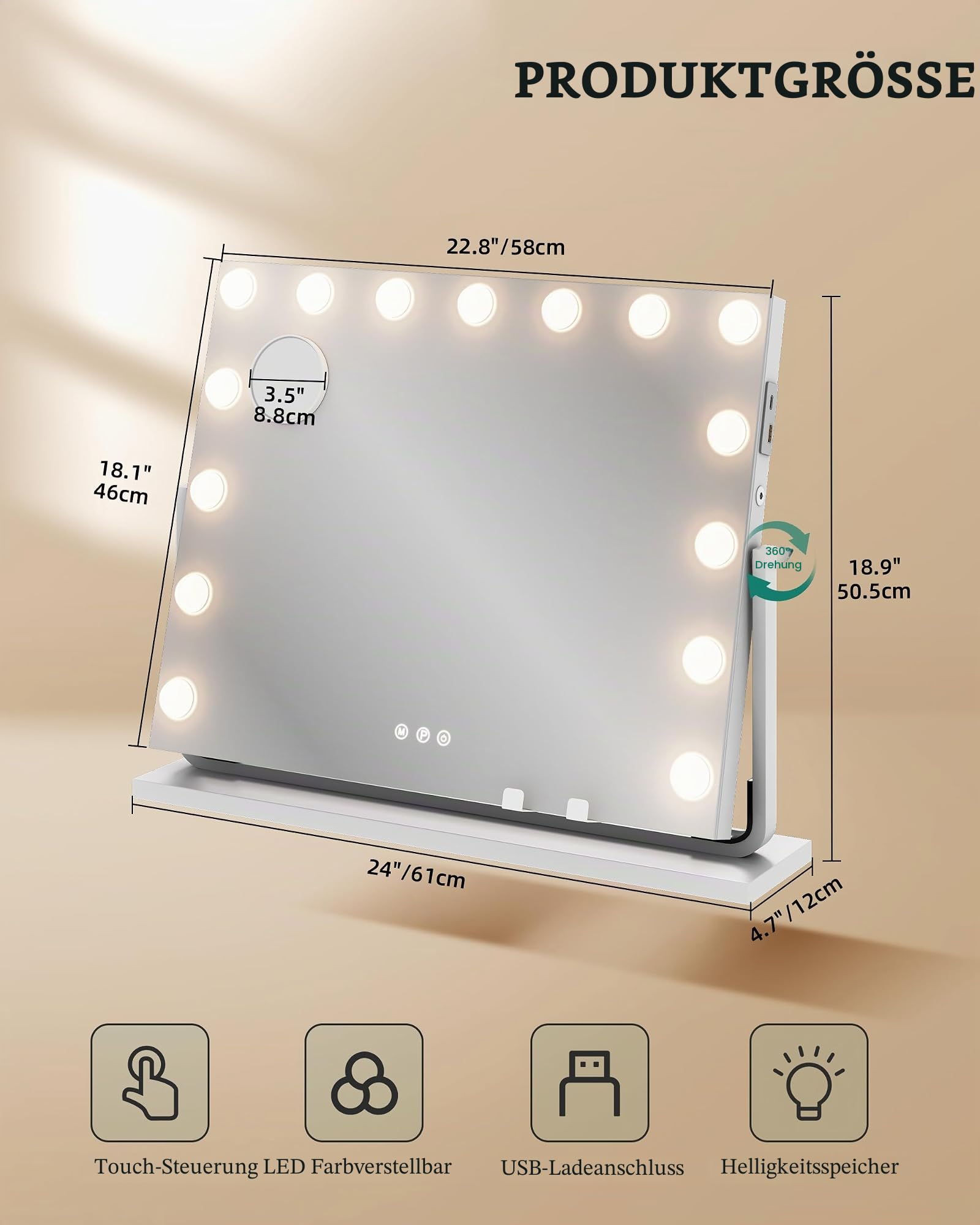 YITAHOME 15 LED Hollywood Schminkspiegel mit Beleuchtung, 58x46cm | 360° Drehbar Miroir Coiffeuse Led, 3 Dimmbare Lichtmodi, USB & Type-C Anschluss, 10X Vergrößerung & Handyhalterung